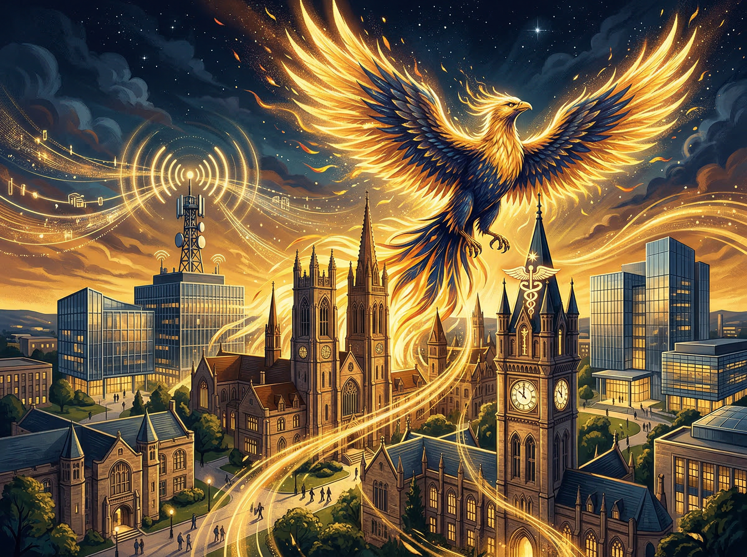 A phoenix rising from university spires with golden light, modern glass buildings alongside historic stone