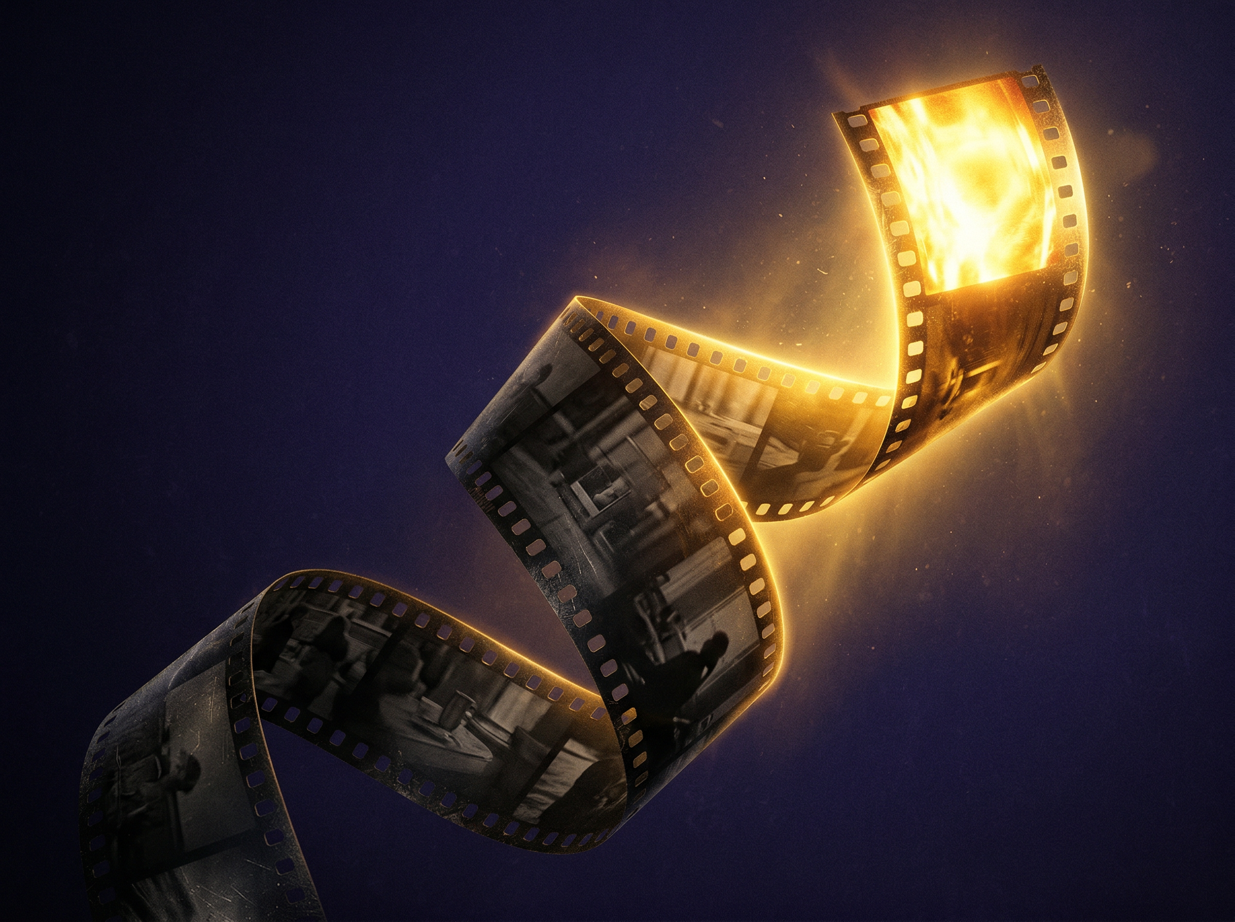 A dramatic film strip curling upward, the final frame blazing with intense golden light while middle frames are dim