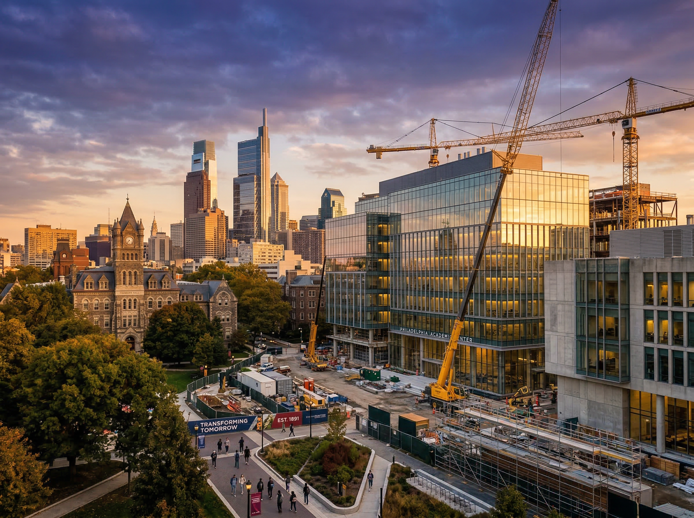 Modern university campus with construction cranes and new glass buildings alongside historic stone architecture