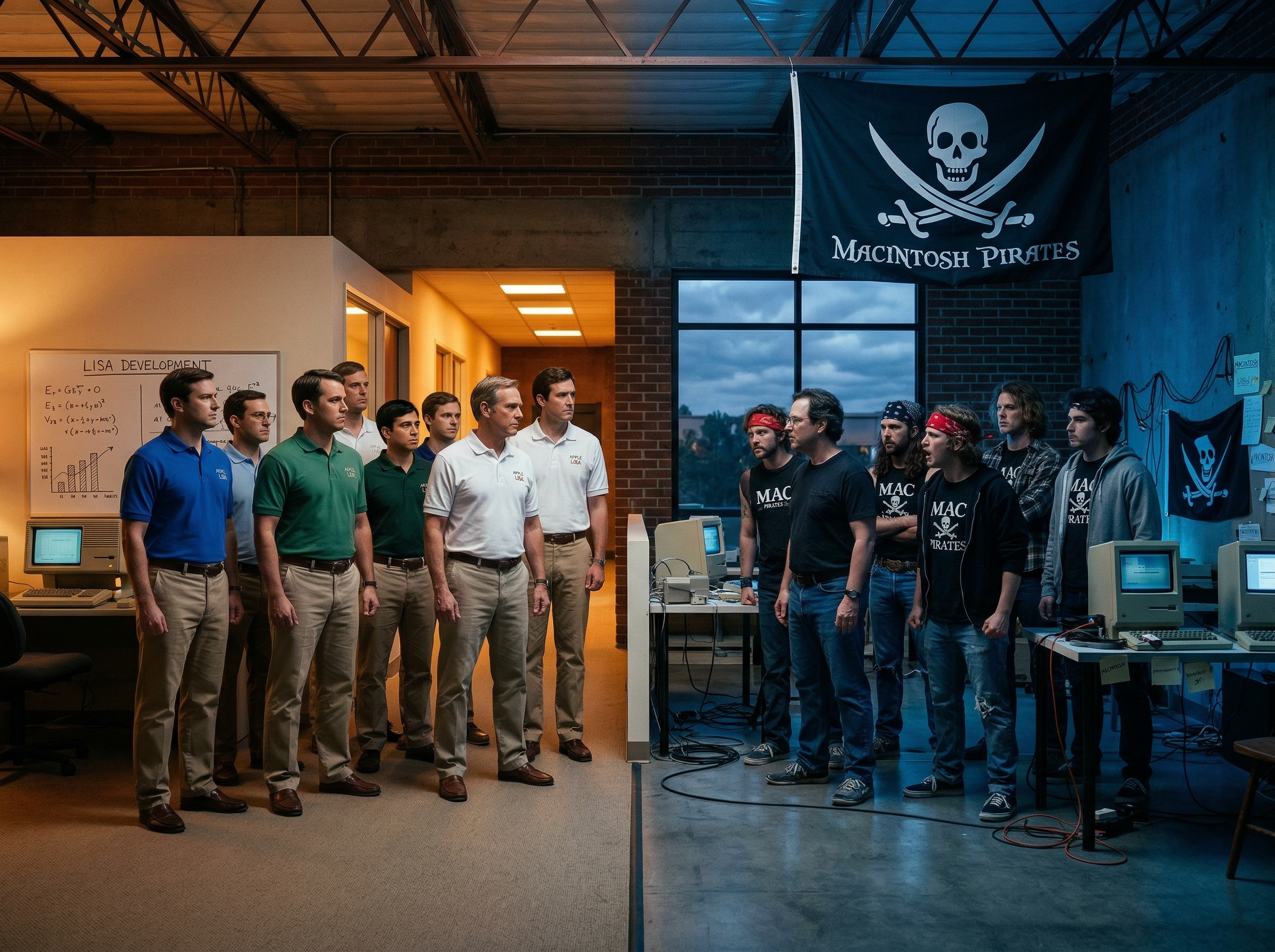 Two opposing teams in a dramatic standoff inside Apple's 1984 headquarters, one side clean-cut engineers, the other scrappy rebels with a Jolly Roger flag