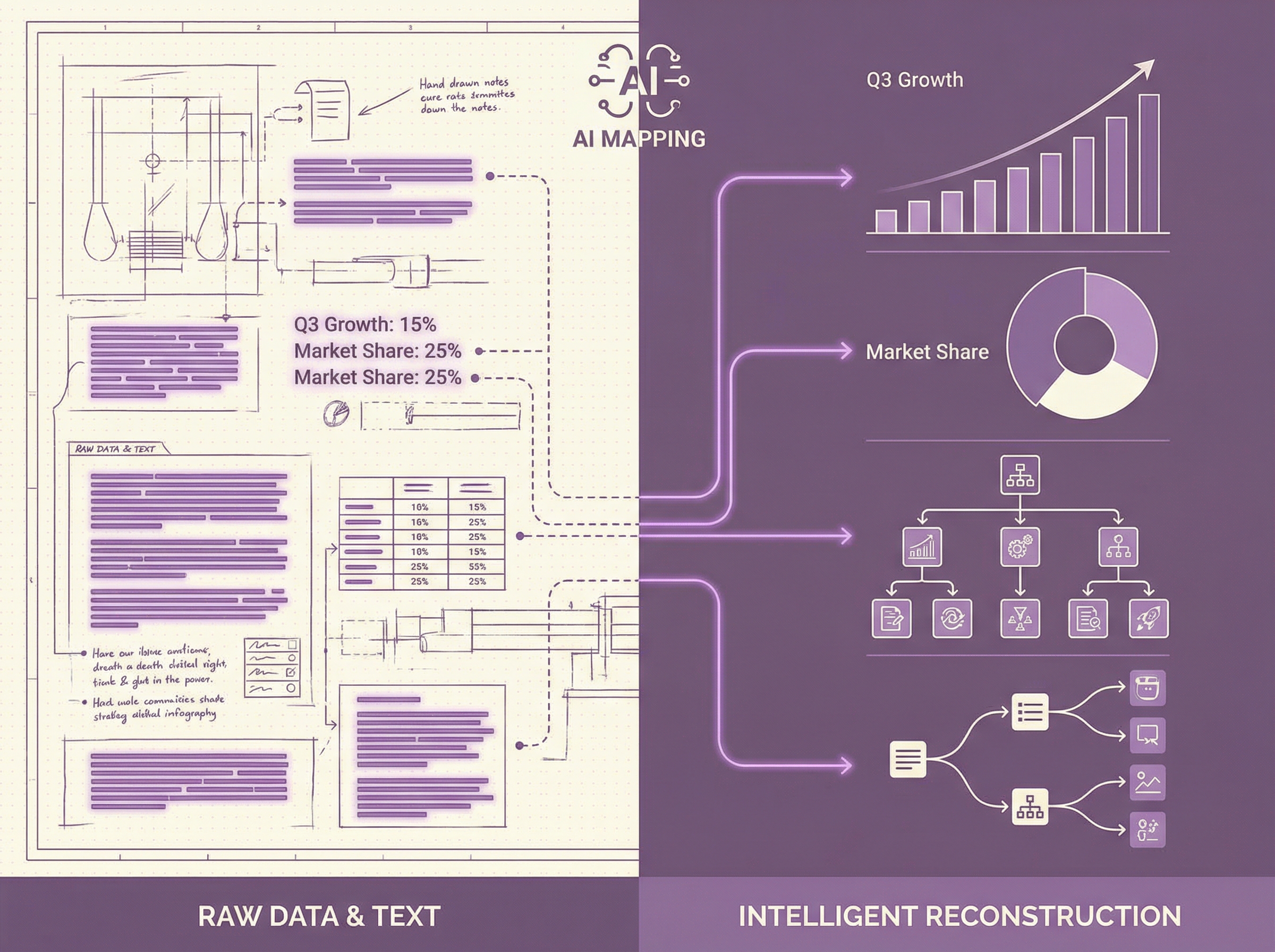 A presentation being intelligently deconstructed and reconstructed, with raw text transforming into charts, hierarchies, and visual flows through AI mapping