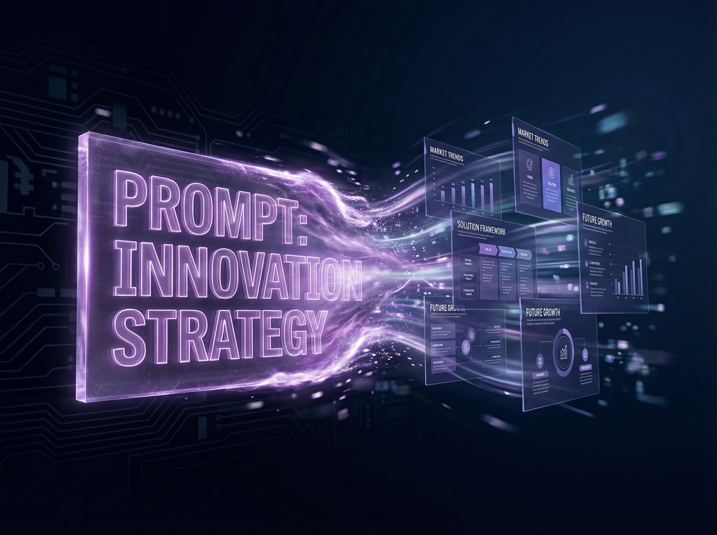 Text prompt transforming into polished presentation slides in mid-air with purple metamorphosis energy