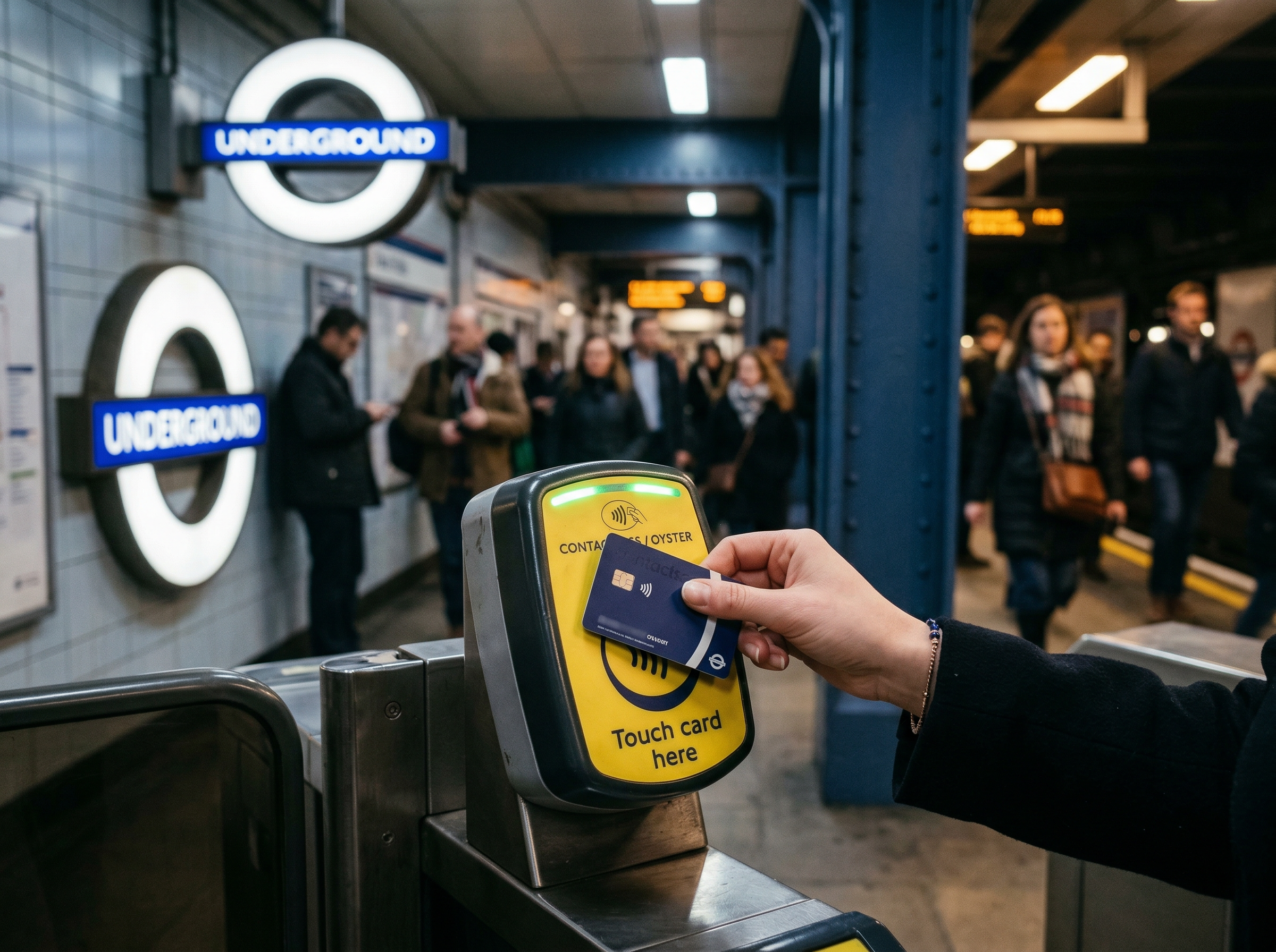 Hand tapping contactless card on London Underground Oyster reader, TfL roundel in background
