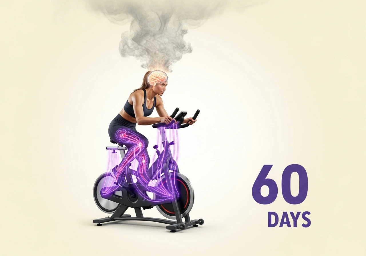 Woman on stationary bike with fog lifting from her head