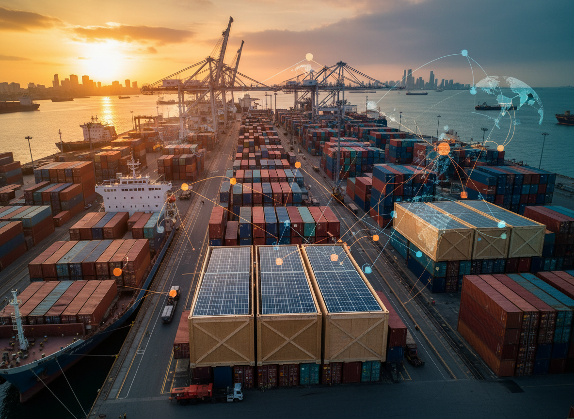 Shipping containers at port with solar panel crates