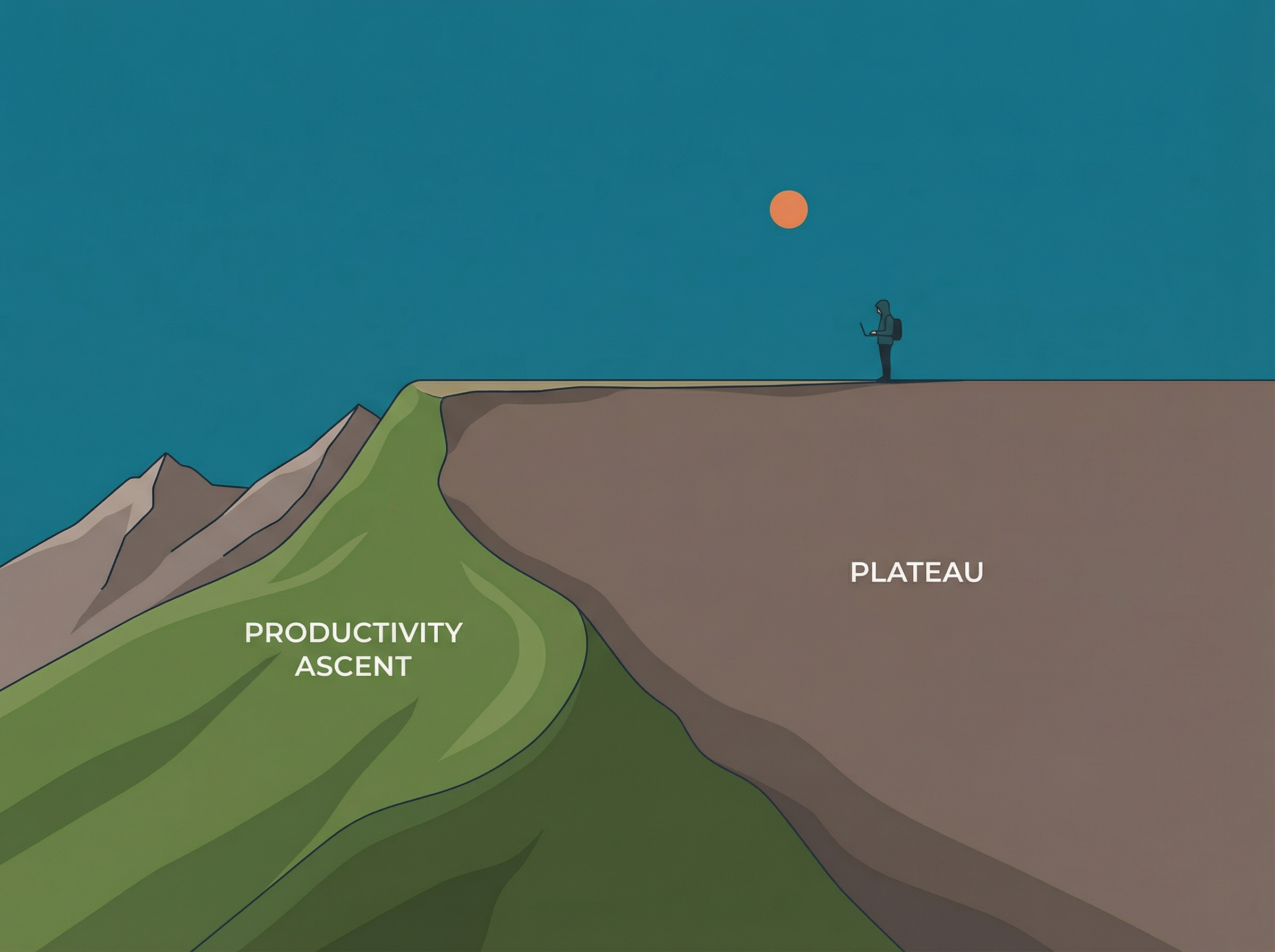 A productivity graph as a mountain landscape hitting a perfectly flat plateau, a tiny developer figure standing at the edge looking ahead