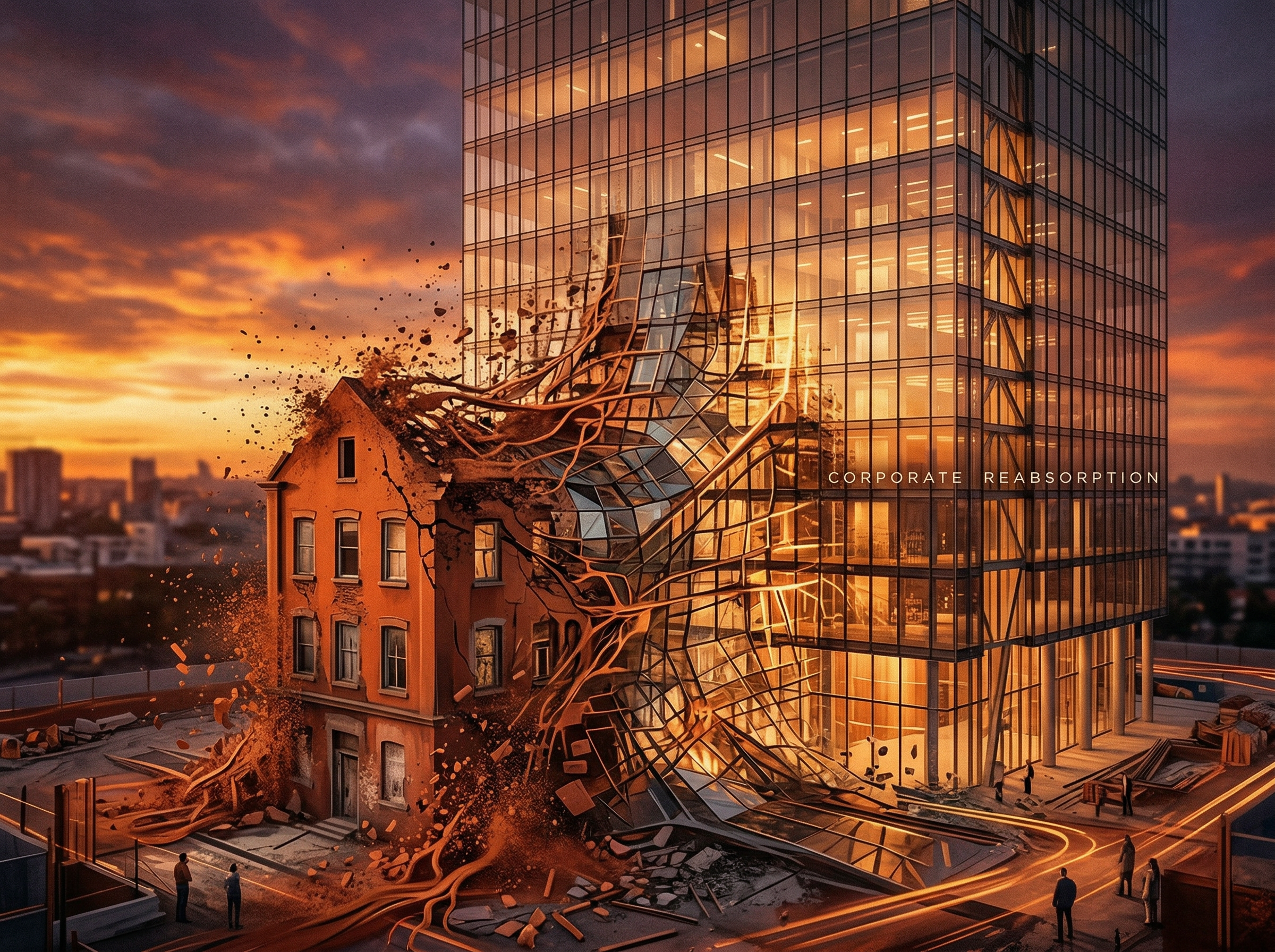 A small building being absorbed into a larger glass corporate headquarters, symbolizing the Claris reabsorption