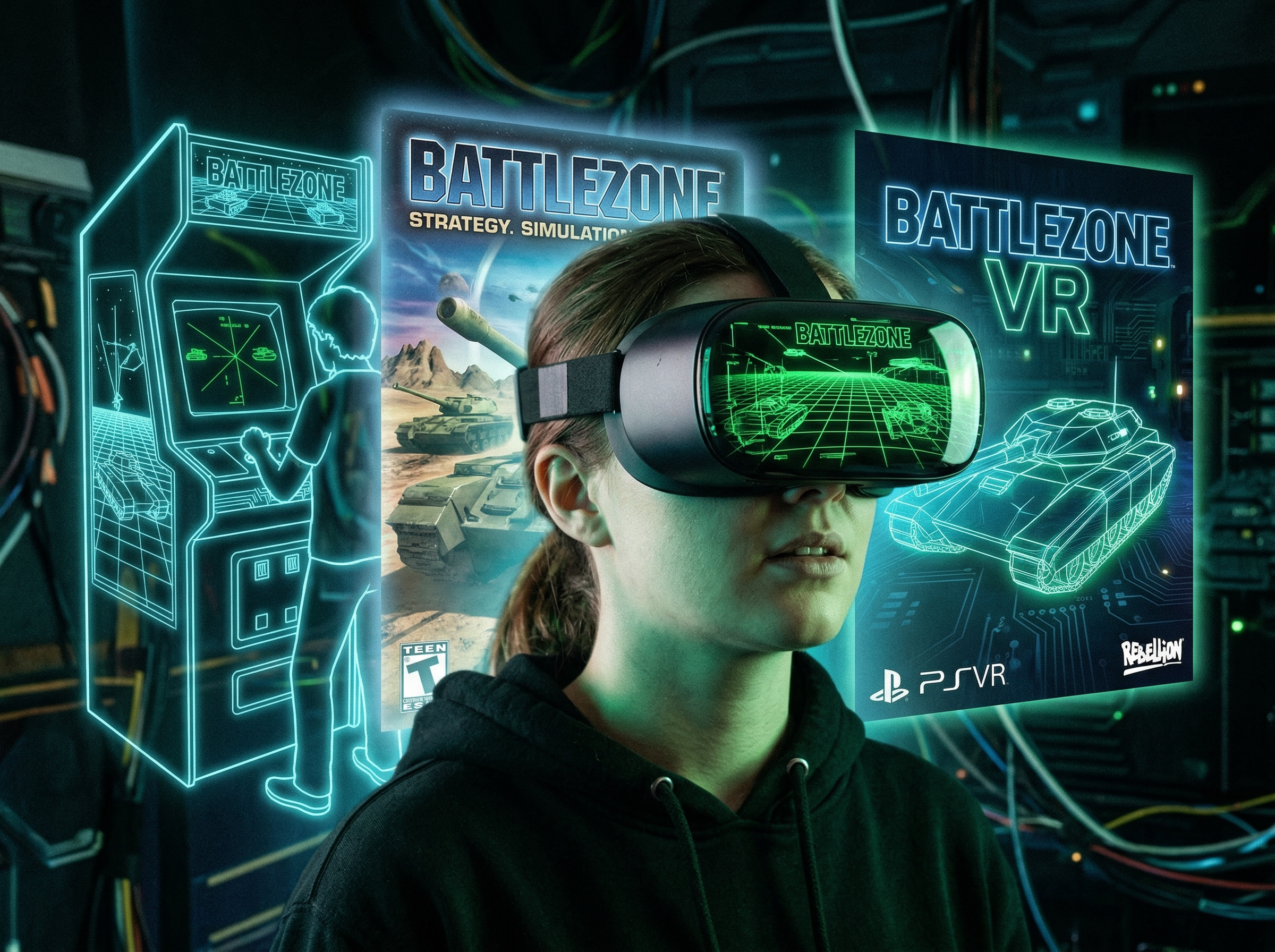 Person wearing VR headset with green wireframe reflections, ghostly outlines of different Battlezone iterations floating behind them