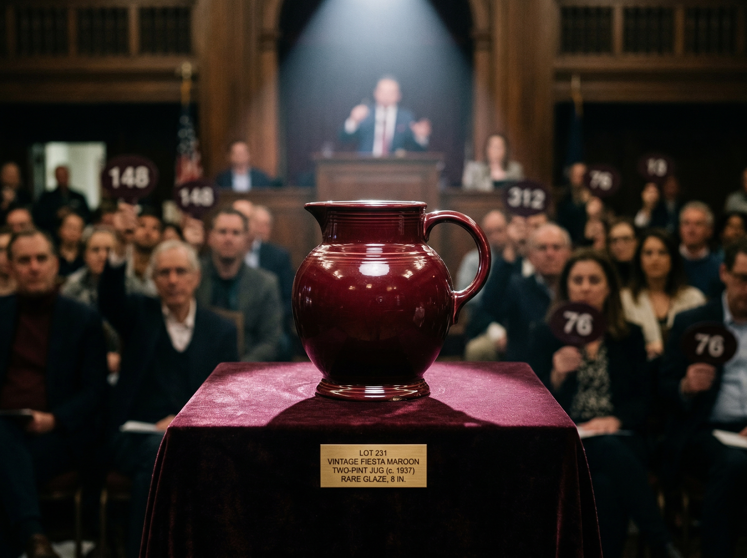A rare vintage Fiesta maroon two-pint jug on a velvet auction pedestal under dramatic spotlight