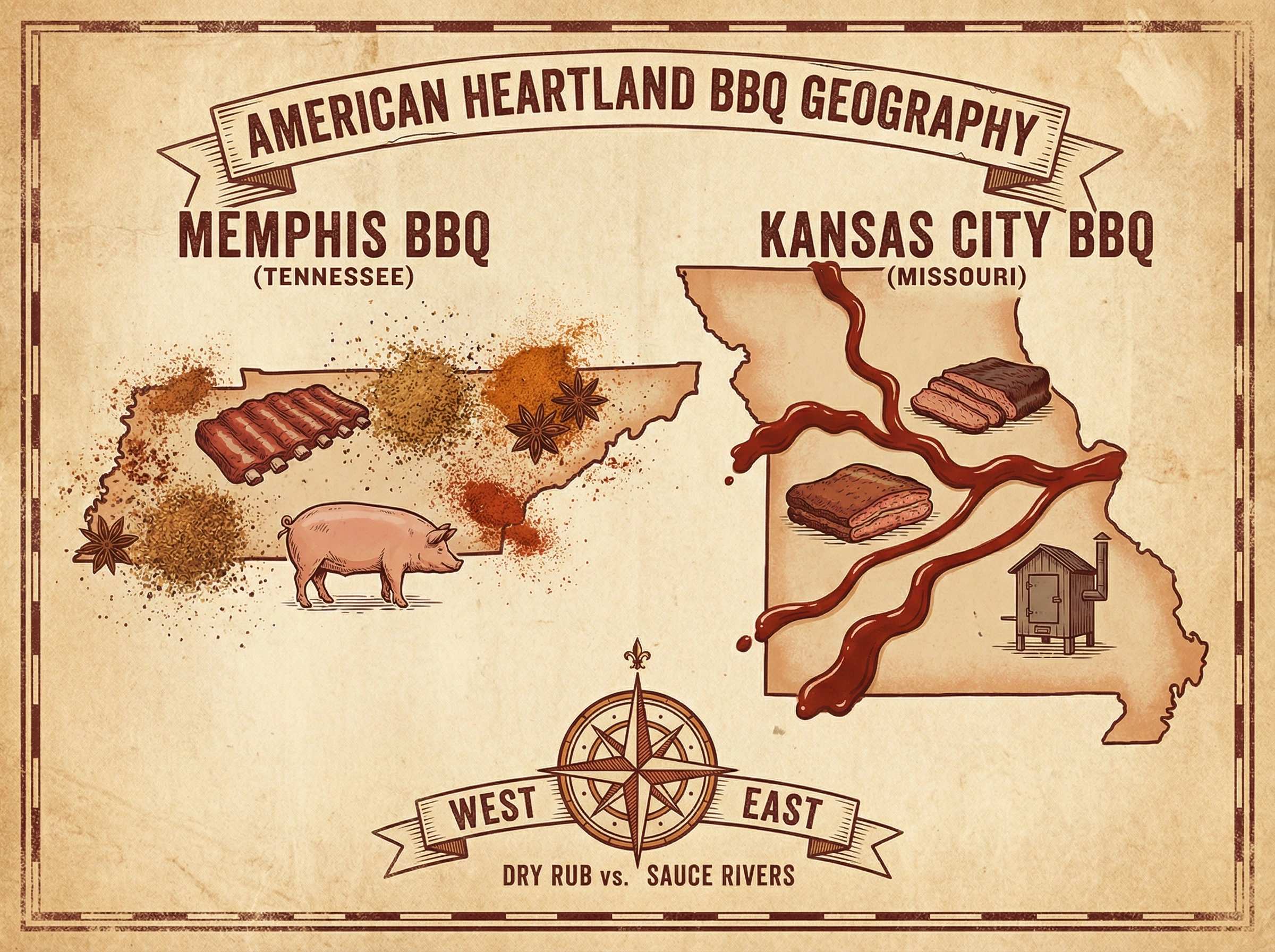 Stylized map of Memphis with dry spices and Kansas City with flowing sauce rivers