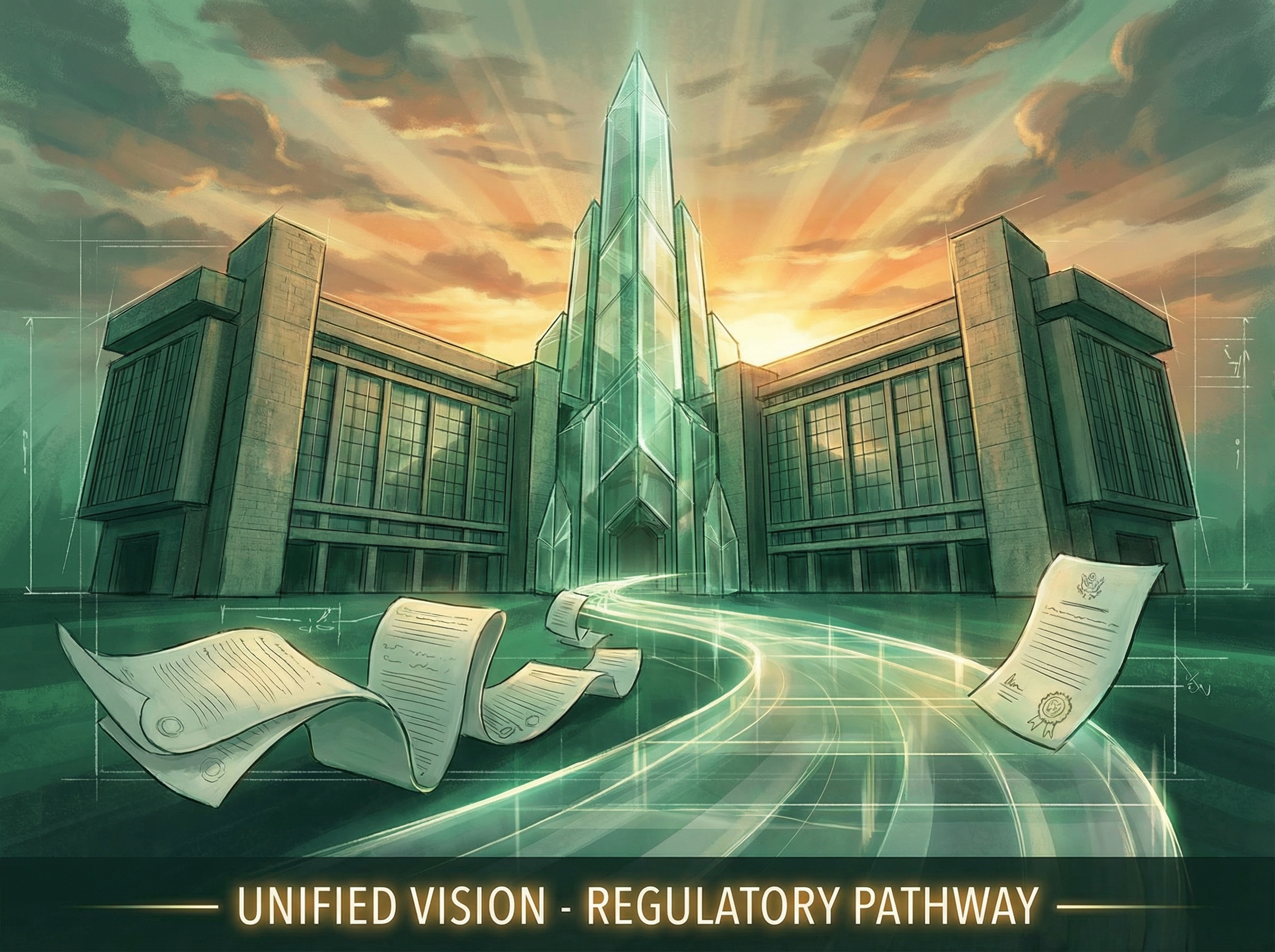 Two government buildings merging into a unified crystal structure with sunrise behind