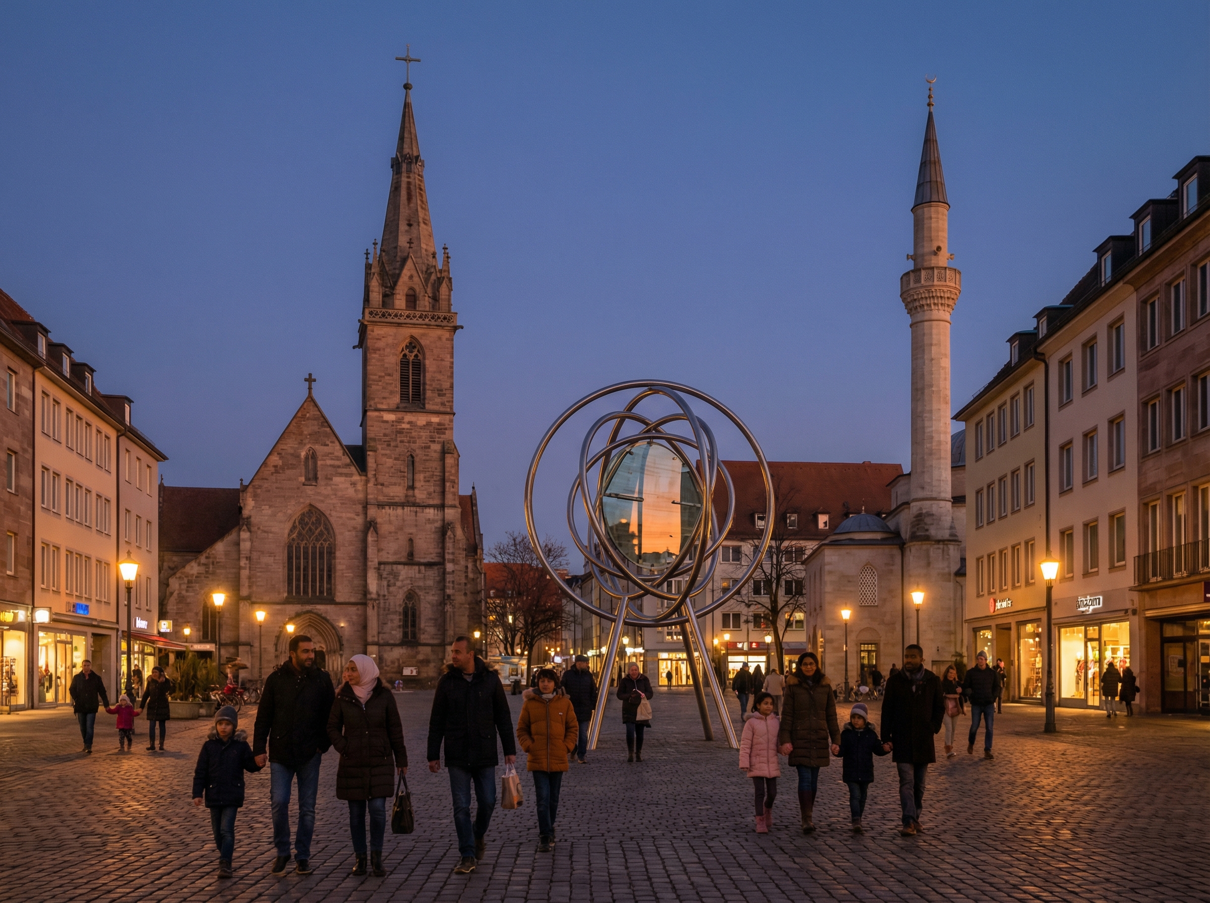 Side by side visualization of church steeple and mosque minaret against European skyline