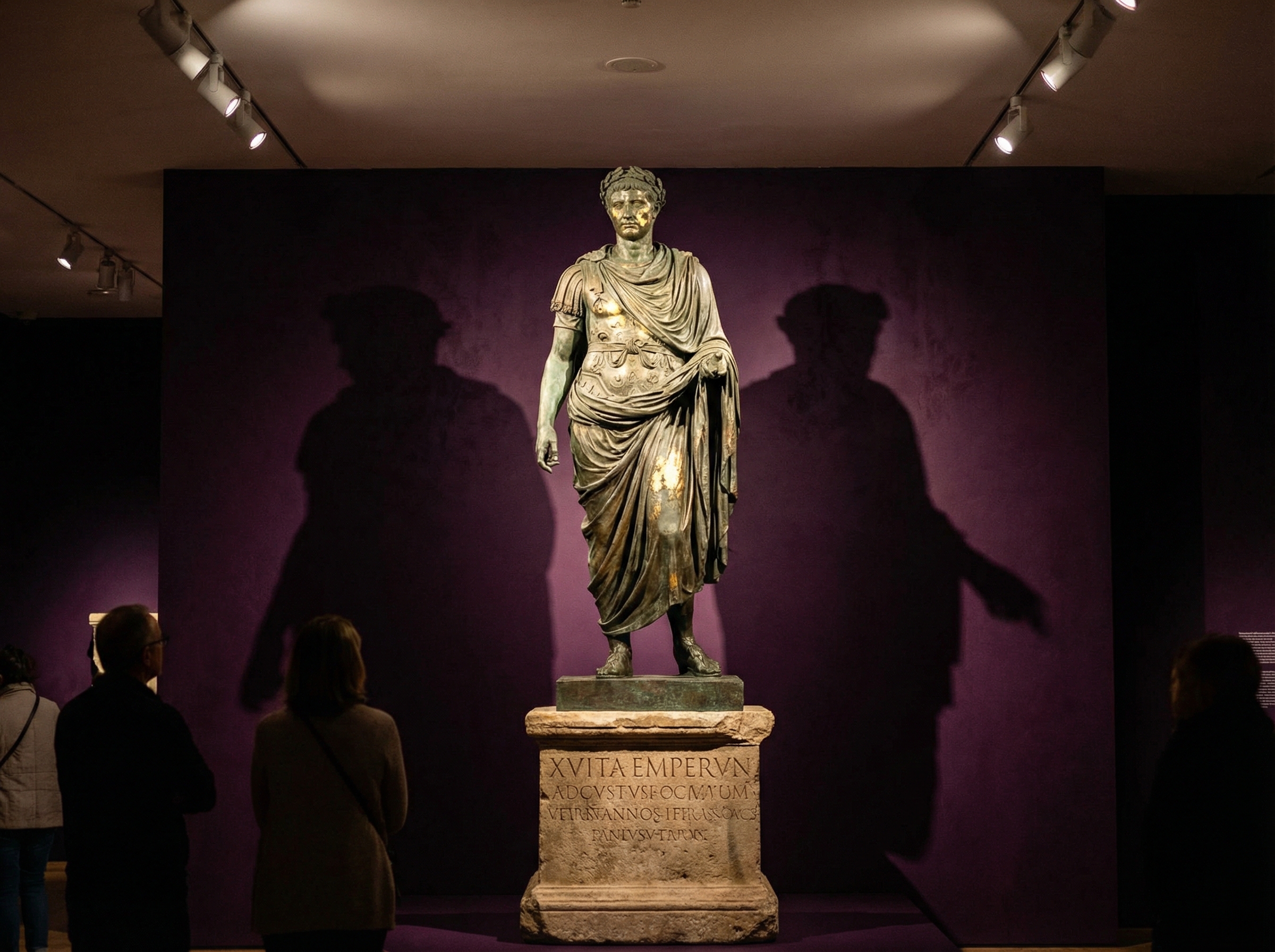 Majestic bronze statue of Roman emperor on ancient stone pedestal, museum spotlights creating dramatic shadows