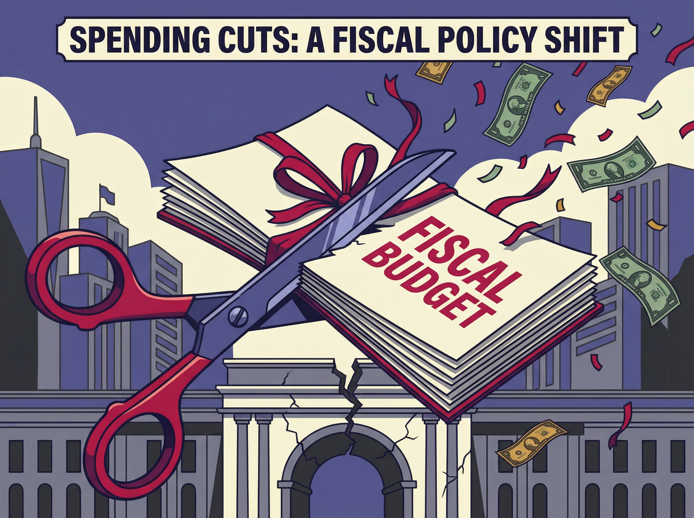 Giant scissors cutting through budget ribbons