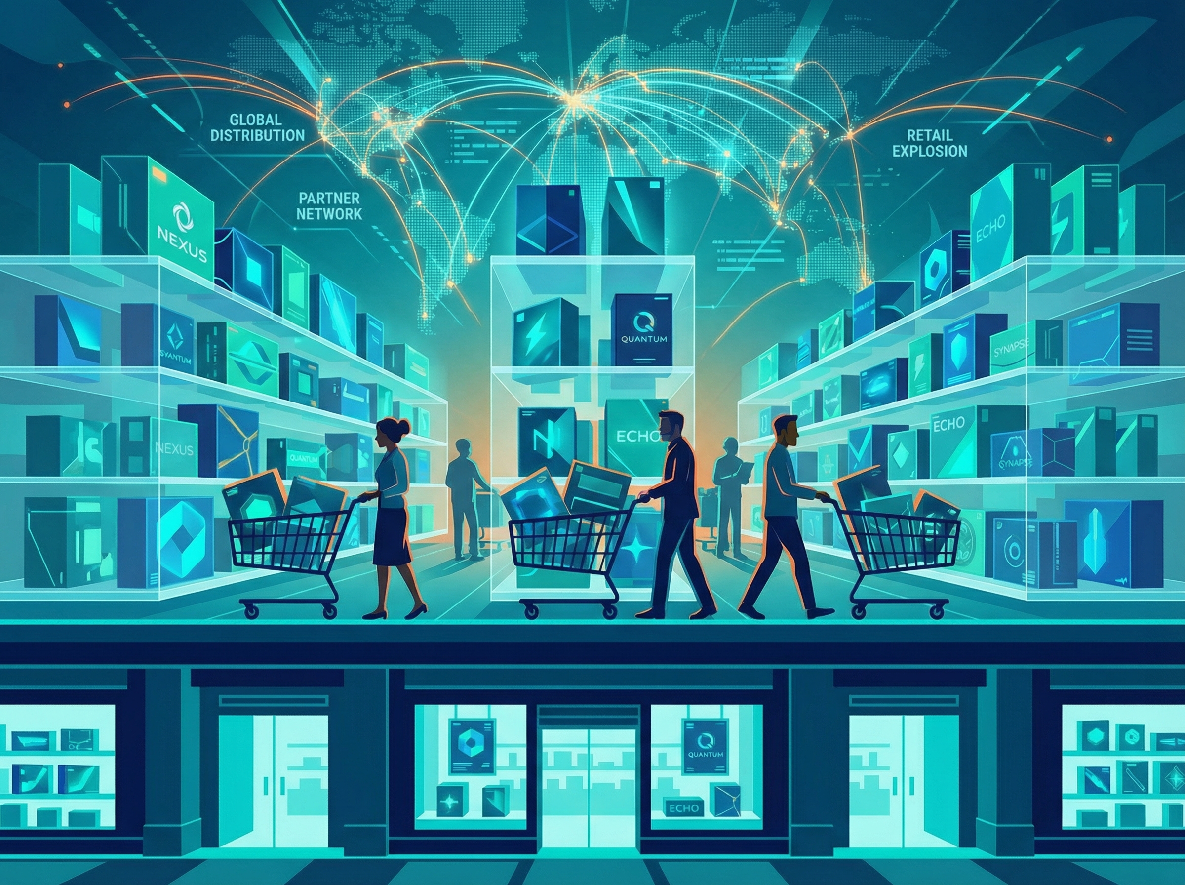 Product boxes on retail shelves representing wide distribution