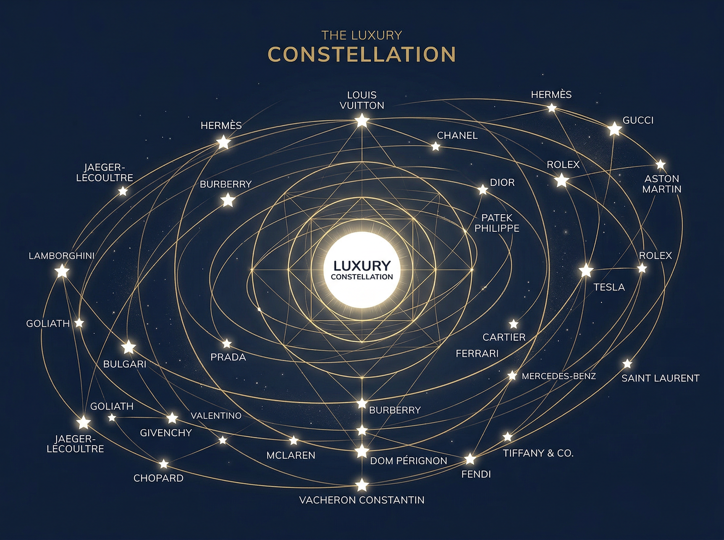 Abstract corporate constellation of luxury brands orbiting a central point