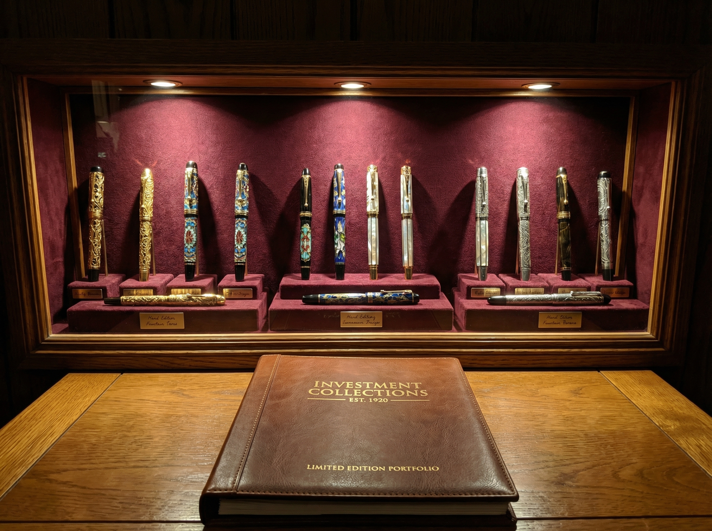 Elegant luxury boutique interior with glass display cases featuring pens, watches, and leather goods