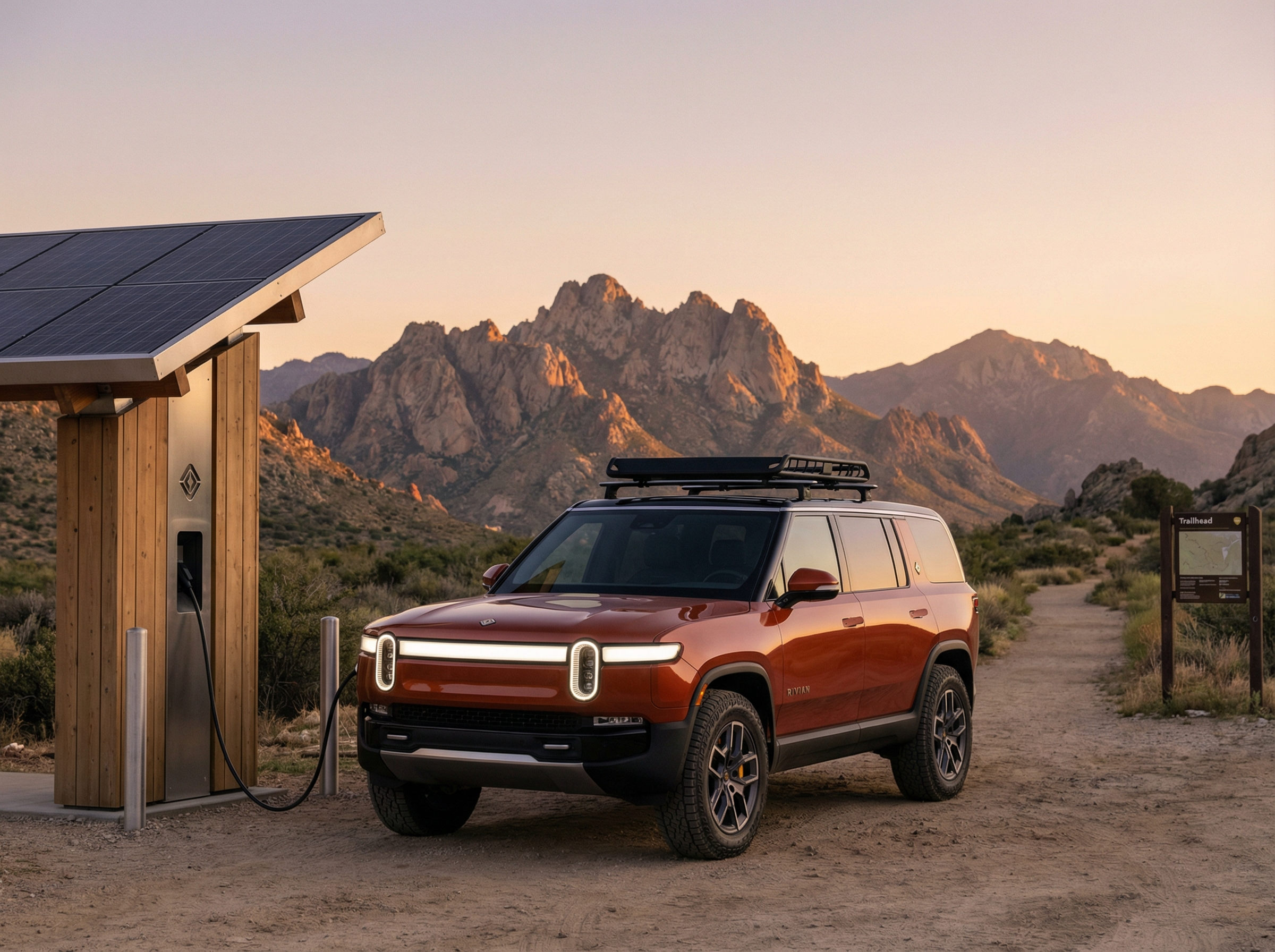 Rivian R2 electric SUV at charging station with mountain backdrop