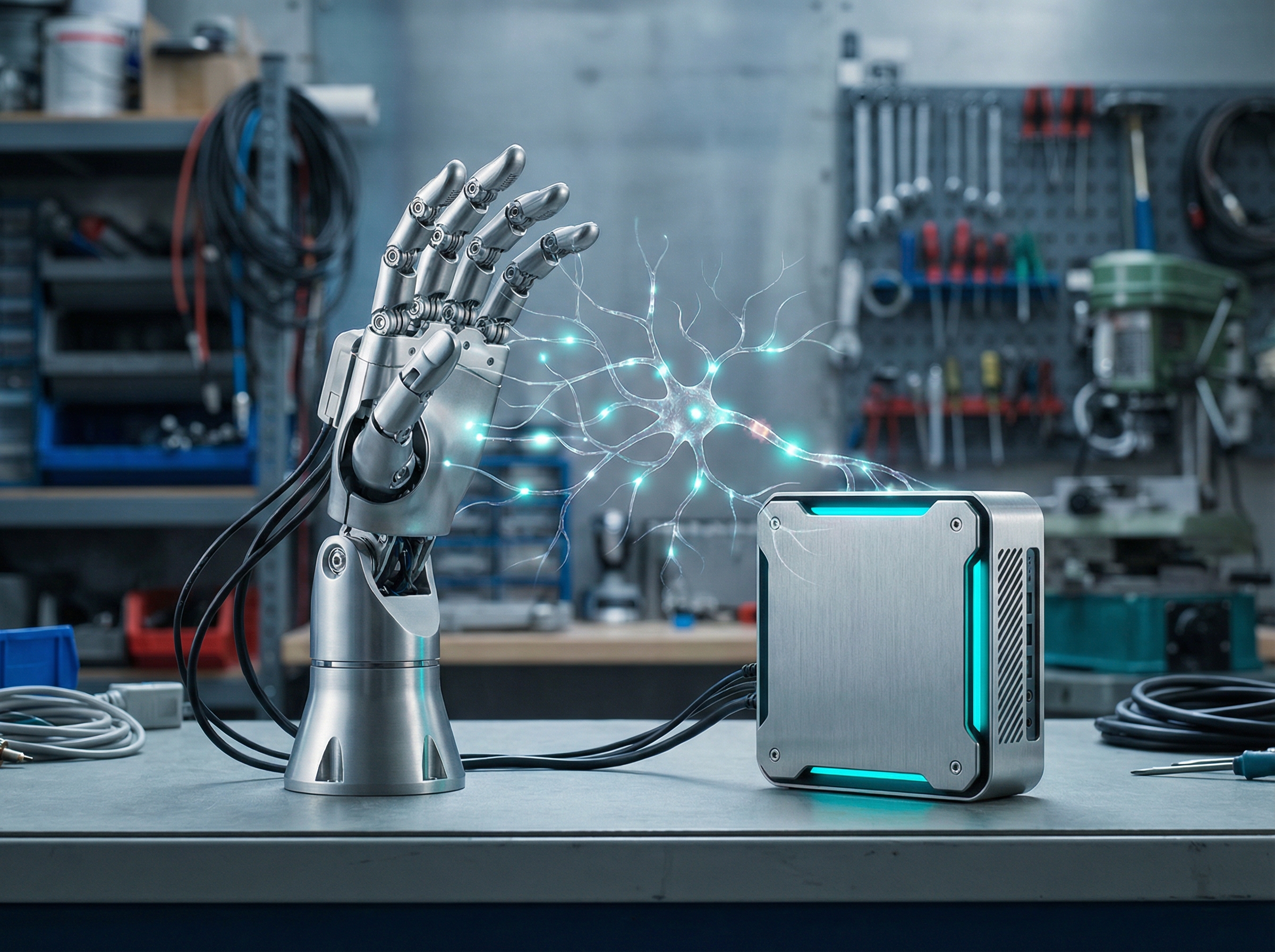 Robotic arm connected to compact AI compute unit with neural processing visualization