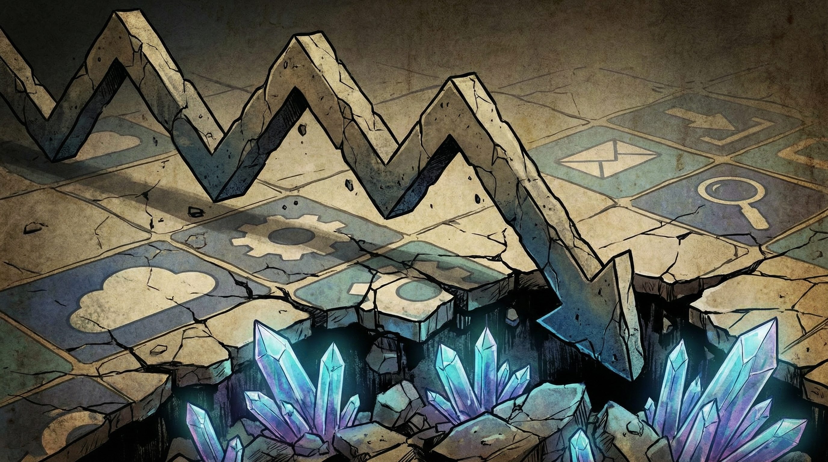 Stock market chart made of crumbling stone, plunging through a floor of generic software icons while new crystalline structures emerge below