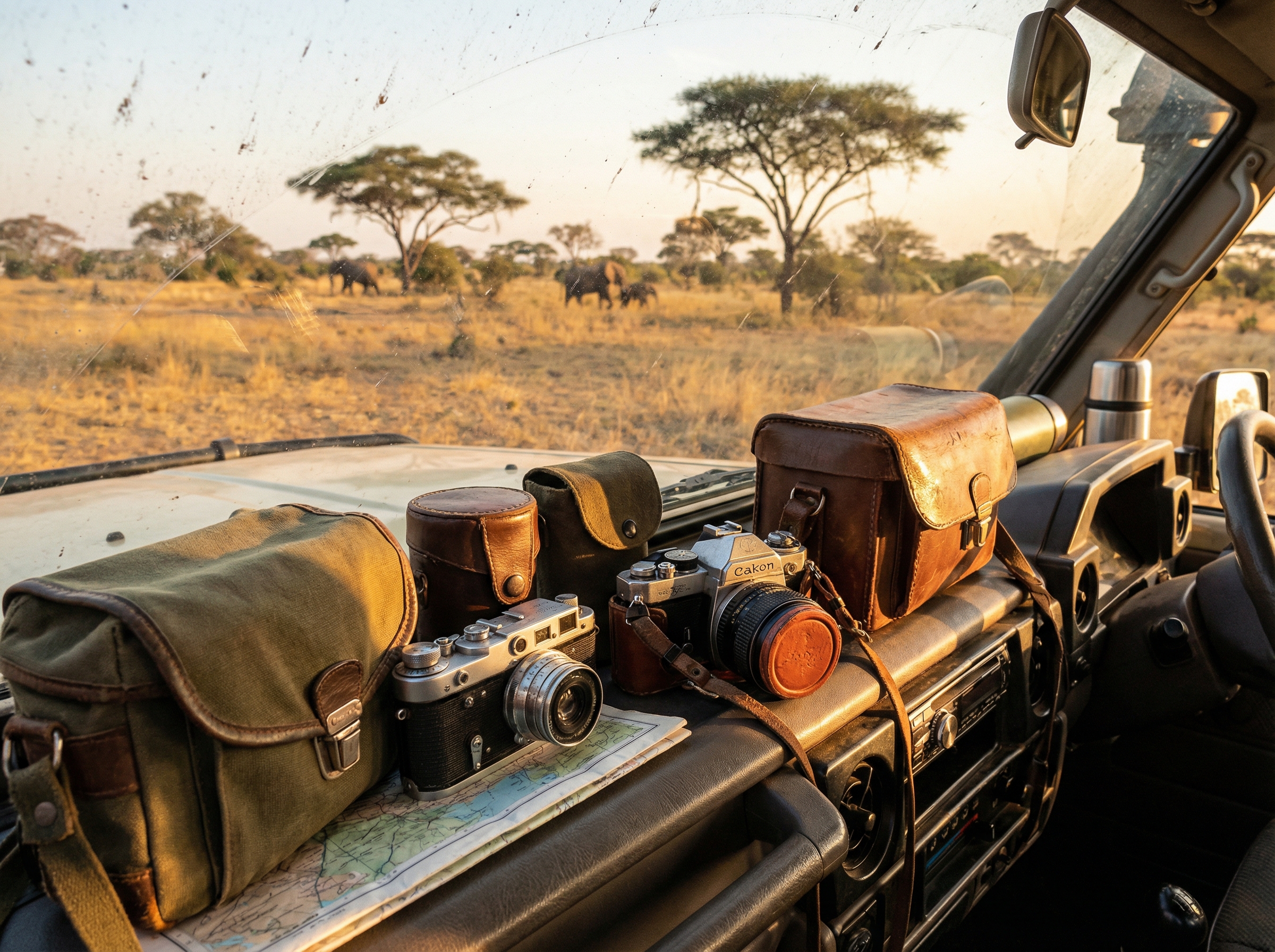 Camera gear on safari vehicle dashboard at golden hour