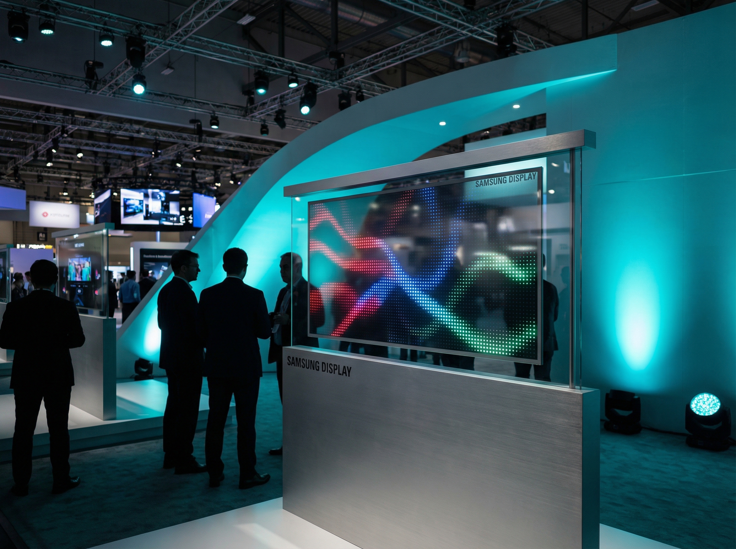 A large 20-inch e-paper display on a trade show stand, showcasing Samsung's Spectra 6 technology at ISE 2026