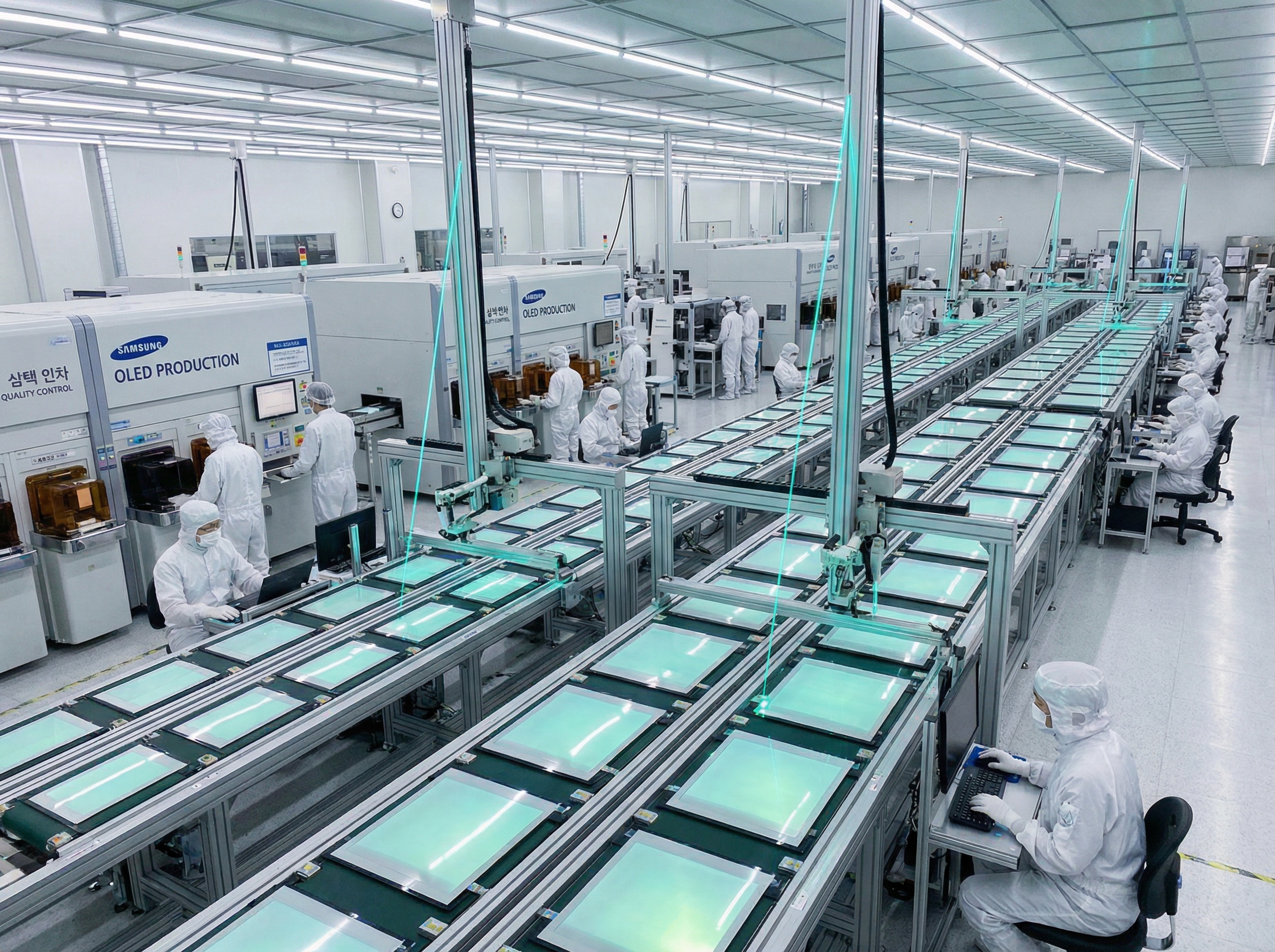 Clean room factory floor with rows of OLED display panels in production