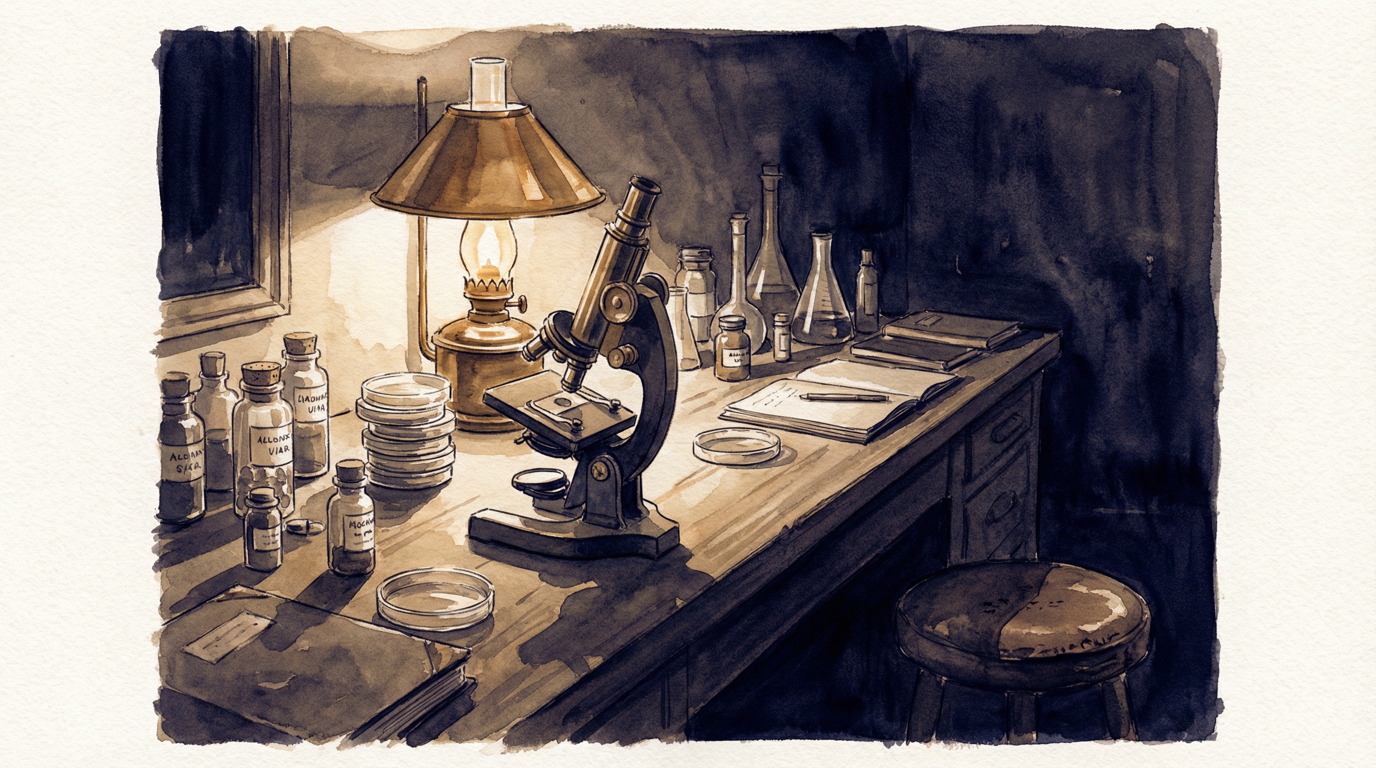 A 1918 laboratory bench with brass microscope, petri dishes, and glass vials, warm lamplight against deep shadows