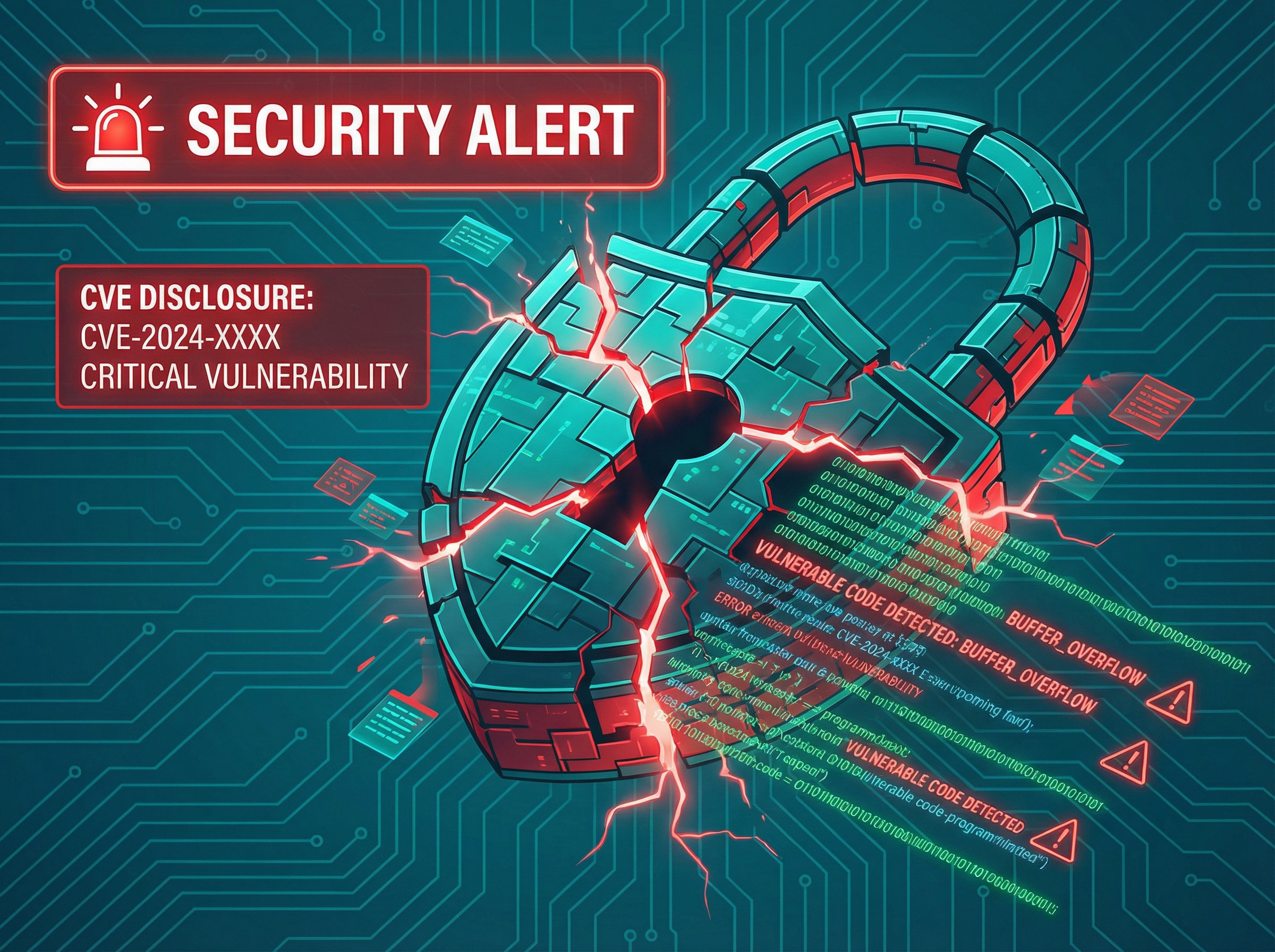 Shield breaking apart revealing vulnerable code, security alert visualization