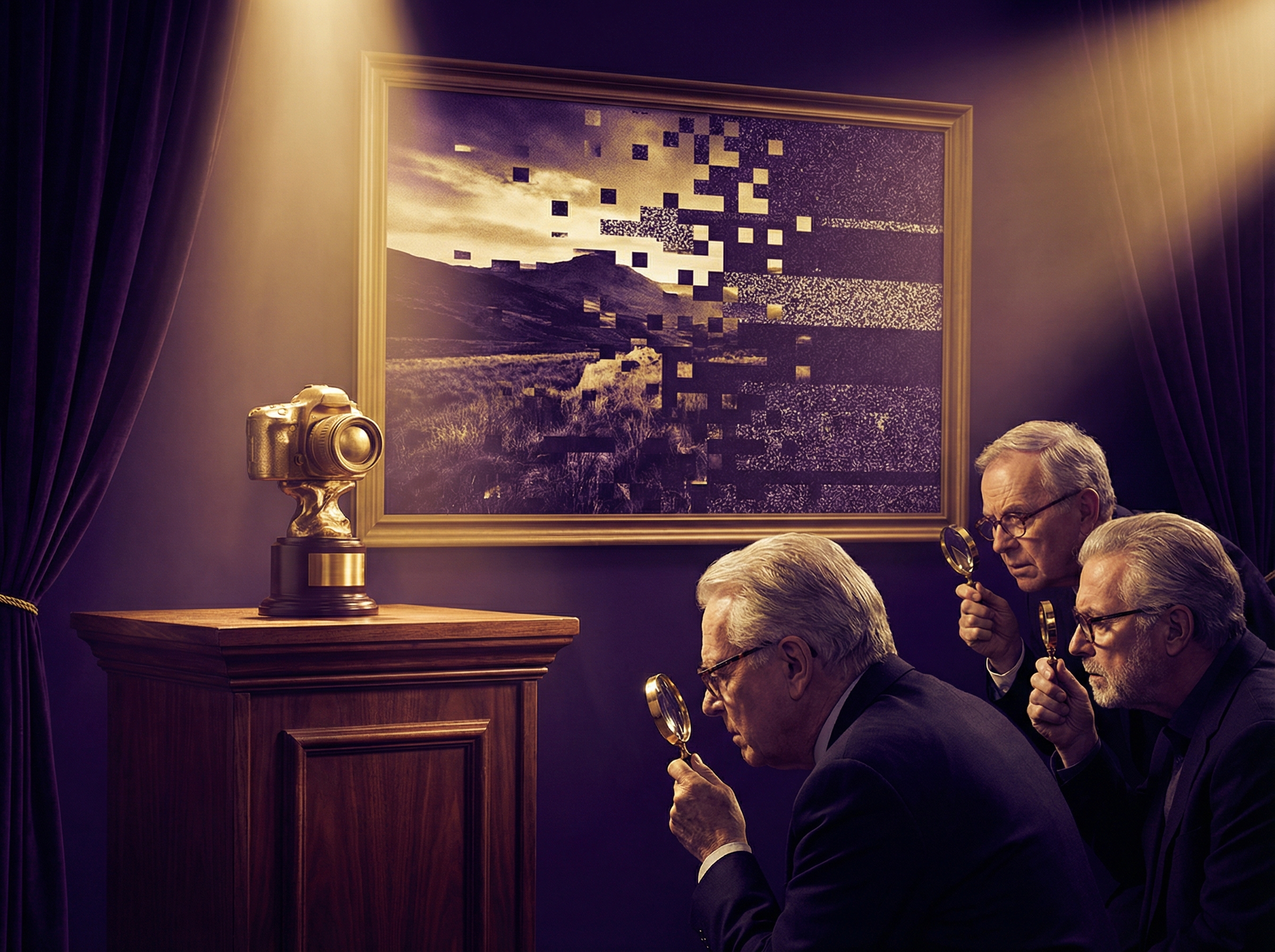 A golden photography trophy with the winning photograph behind it pixelating and dissolving, judges squinting through magnifying glasses