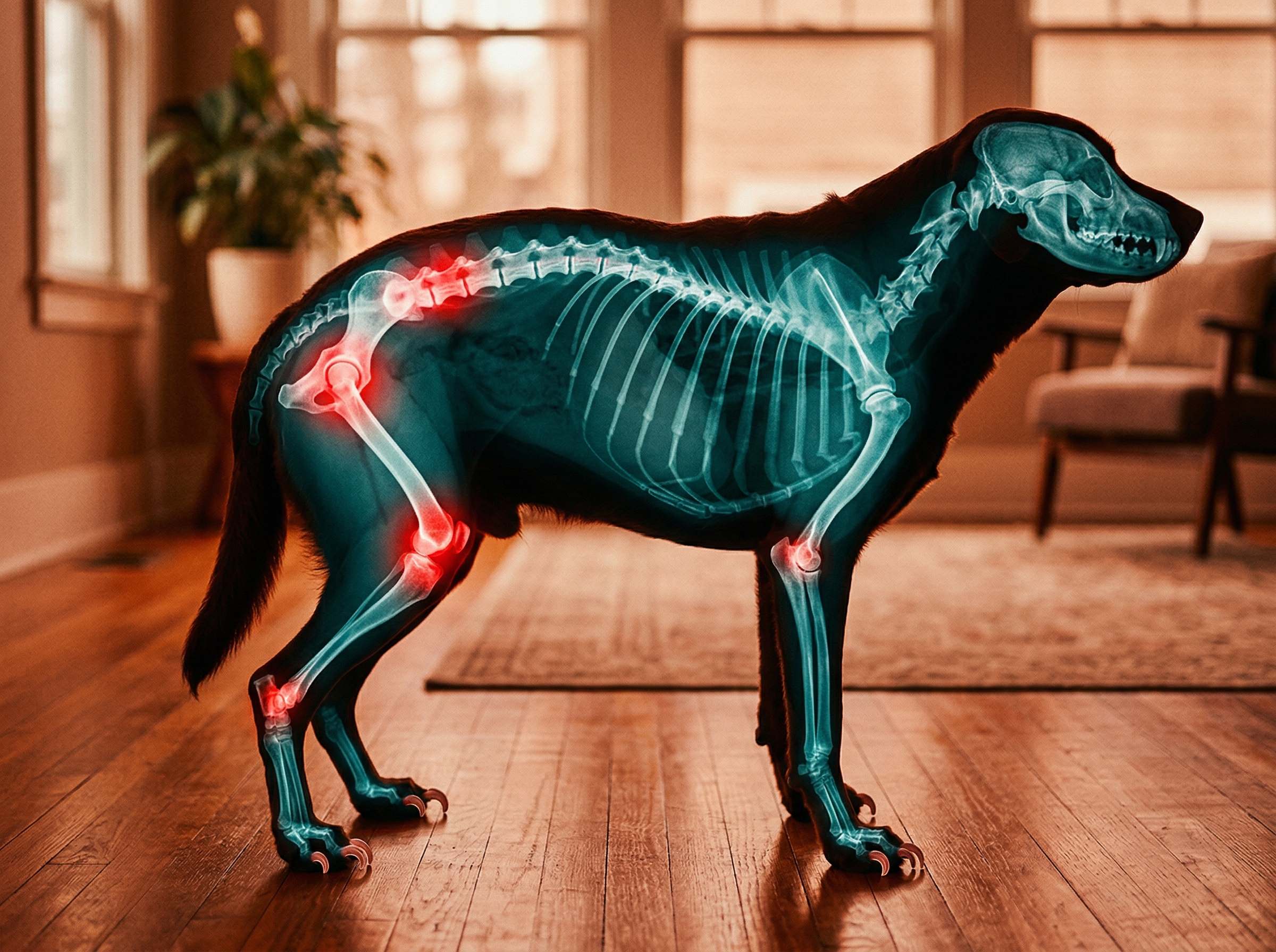 Medical illustration showing a dog's skeletal alignment shift caused by overgrown nails
