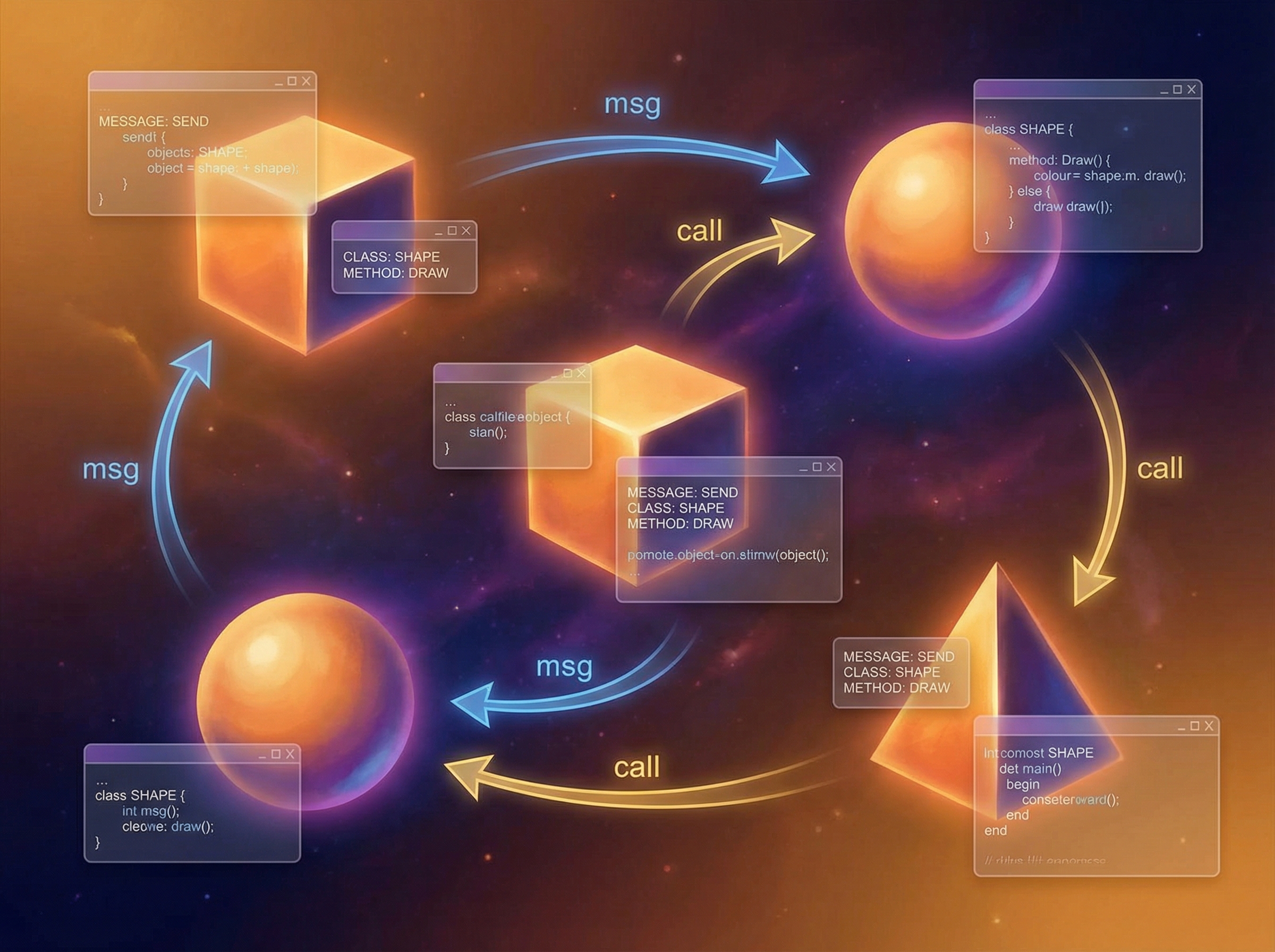 Abstract visualization of object-oriented programming with geometric shapes sending message arrows, overlapping windows