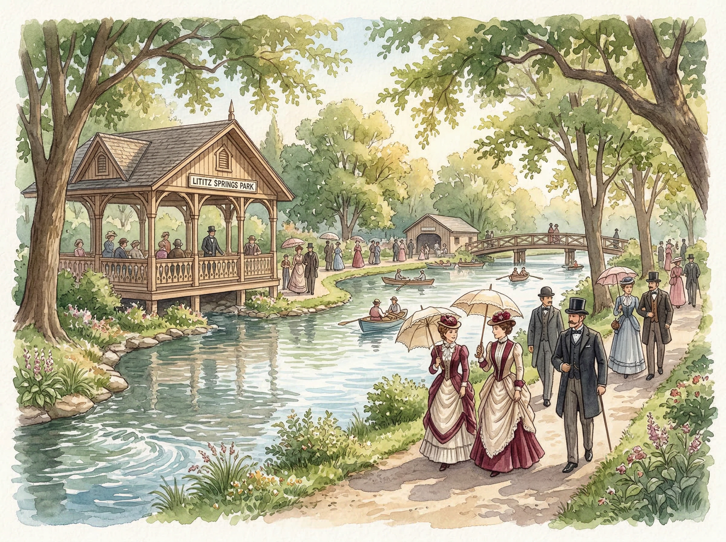 Victorian-era resort scene at Lititz Springs, elegant guests strolling through a park with flowing spring water