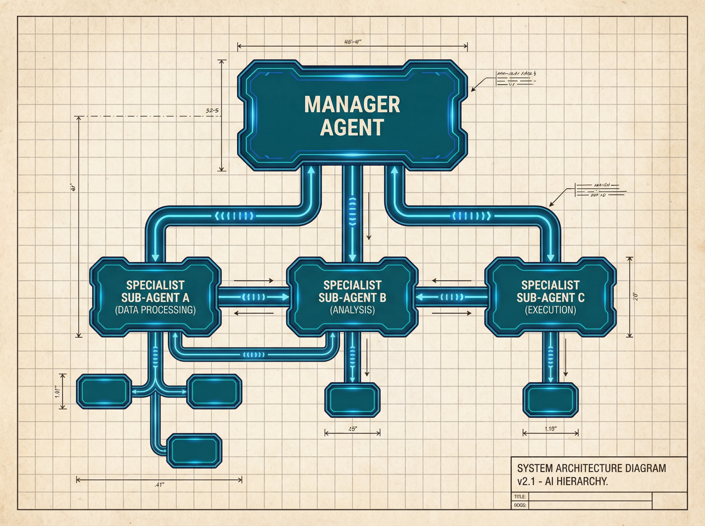 Interconnected nodes showing hierarchical AI agent system architecture