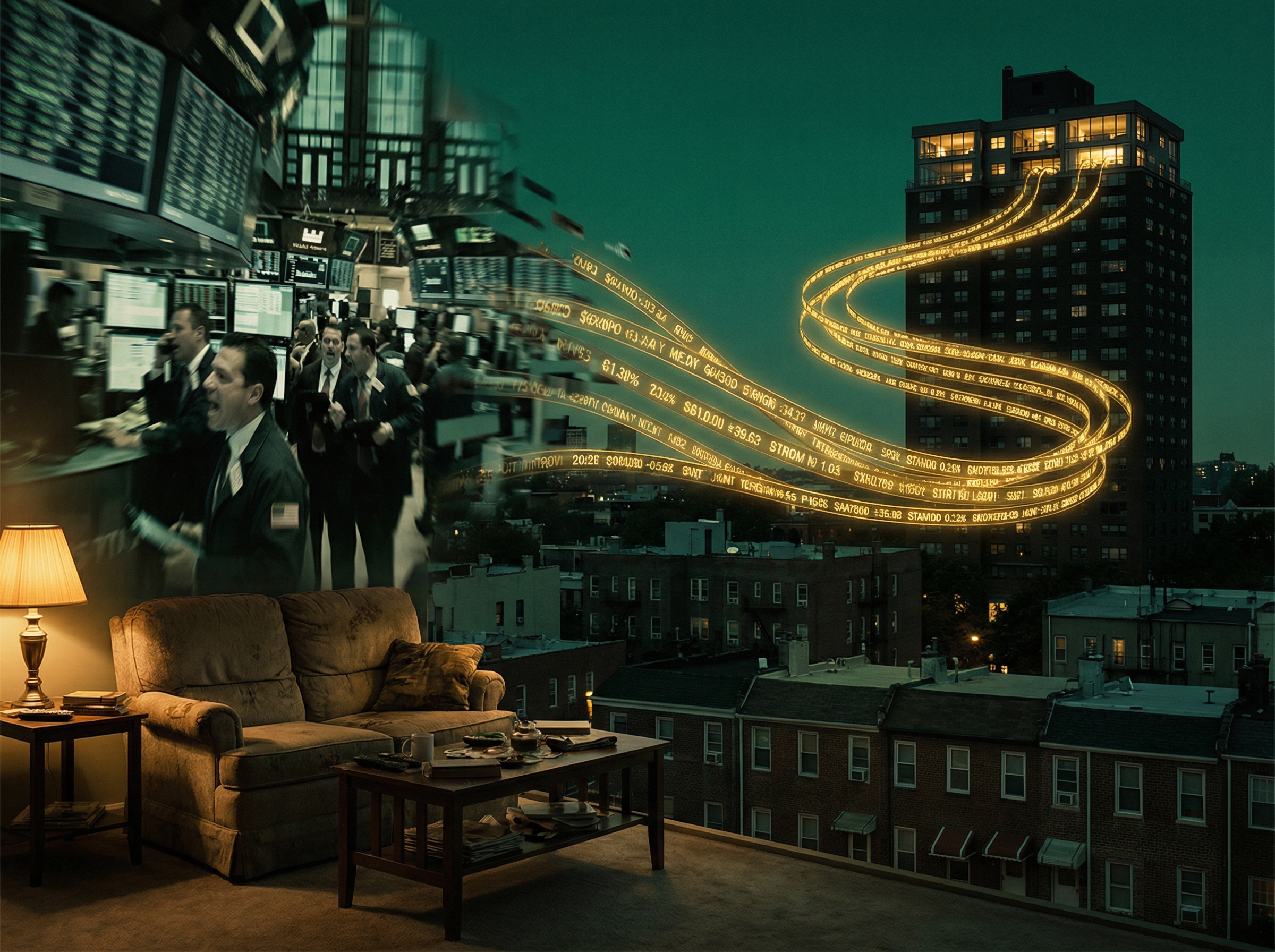 Stock ticker tape flowing as a river, reaching only penthouse apartments above while ordinary homes remain untouched