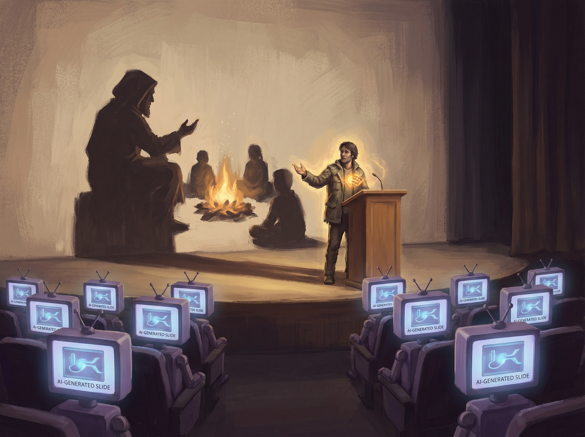 Human presenter at podium casting shadow of campfire storyteller, with AI slide-robots in the audience