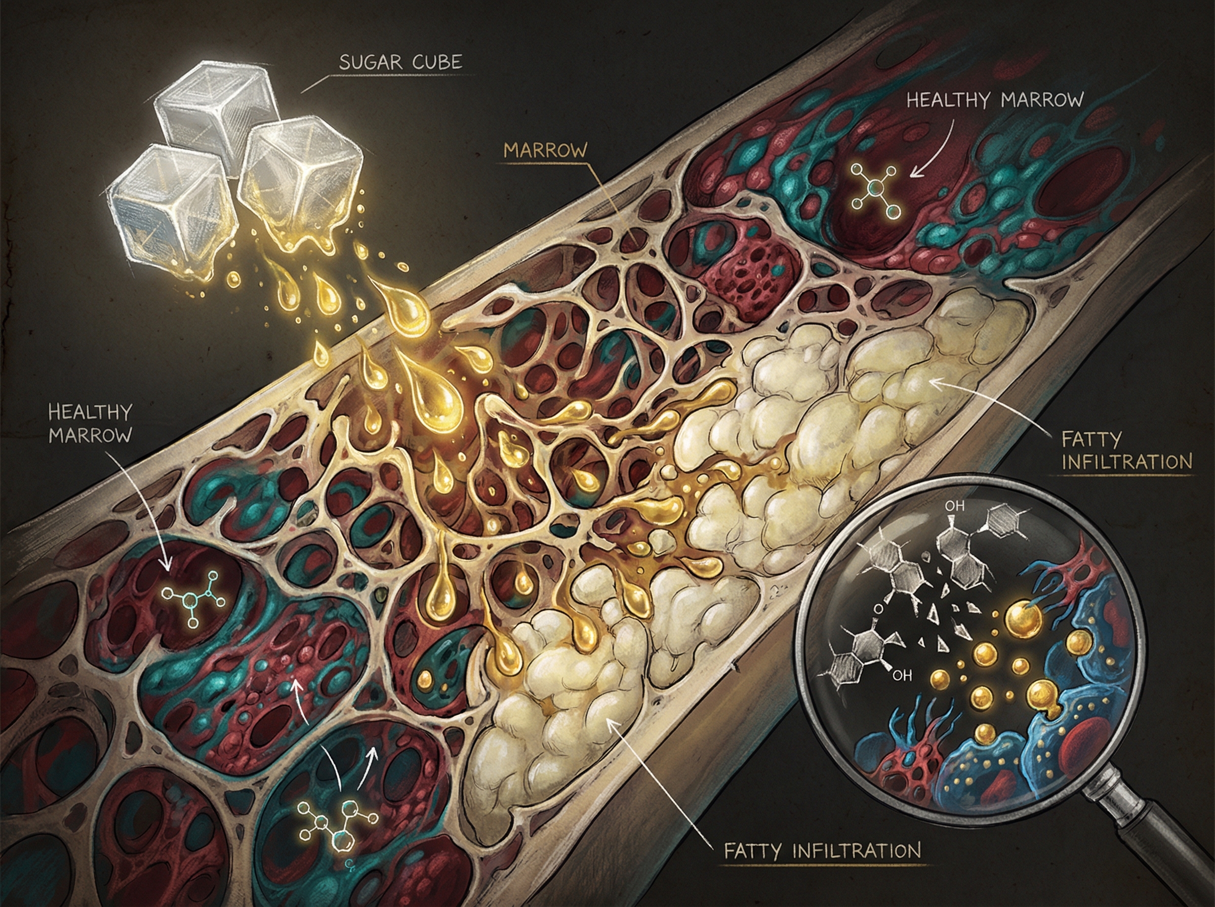 Sugar cubes dissolving into golden droplets infiltrating bone marrow cross-section
