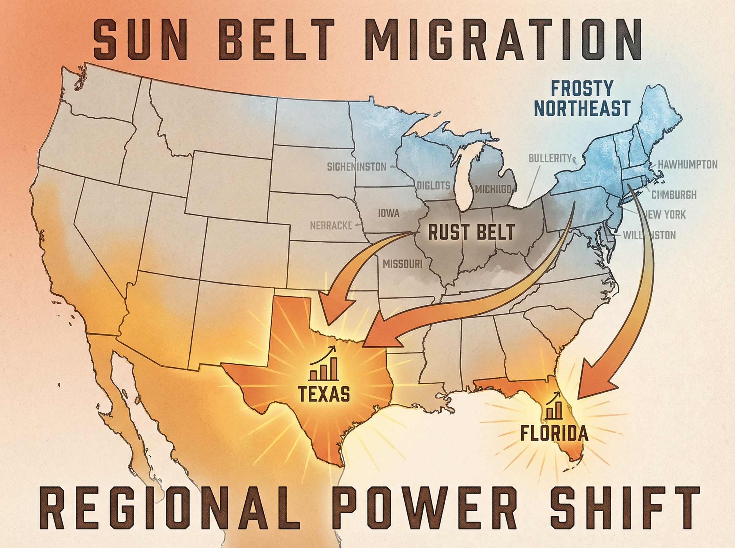 Arrows flowing from Northeast to Southwest showing migration patterns