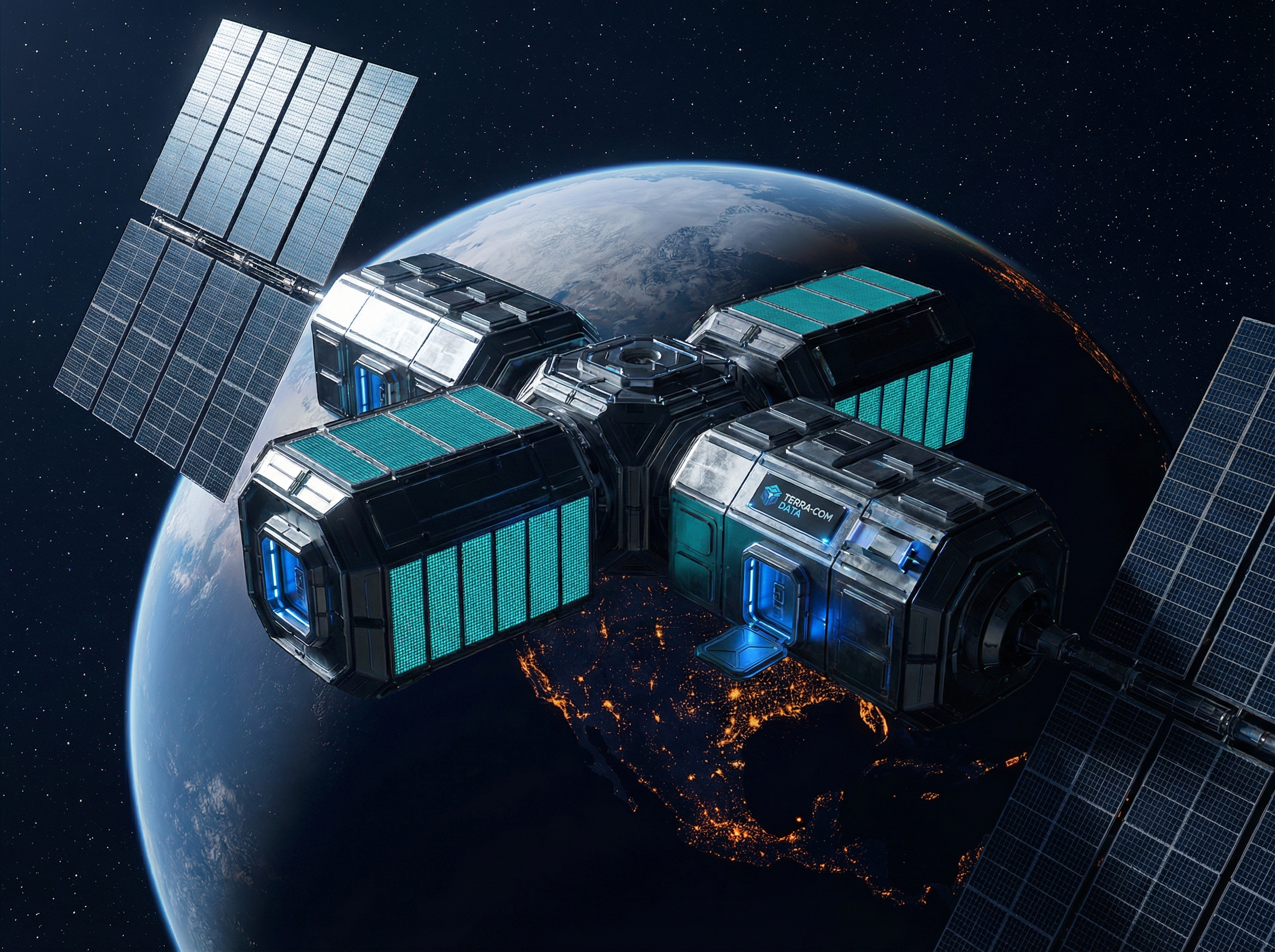 Futuristic satellite data center orbiting Earth with massive solar panel arrays and Earth's curvature below