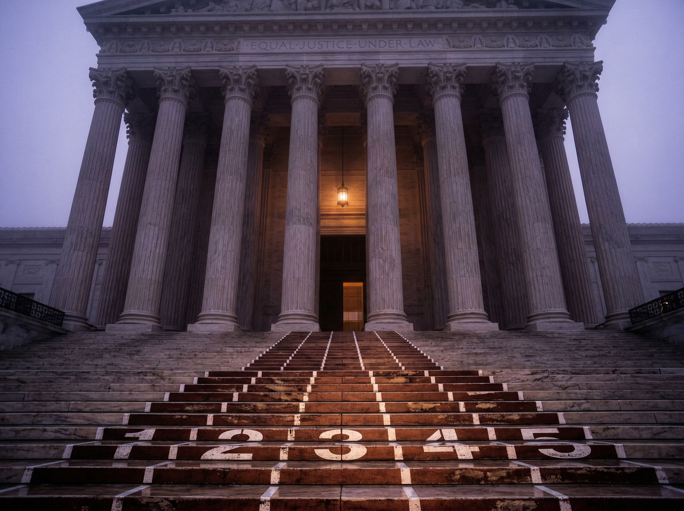 Supreme Court building columns with athletic track lane markings on the steps, symbolizing the intersection of law and sport