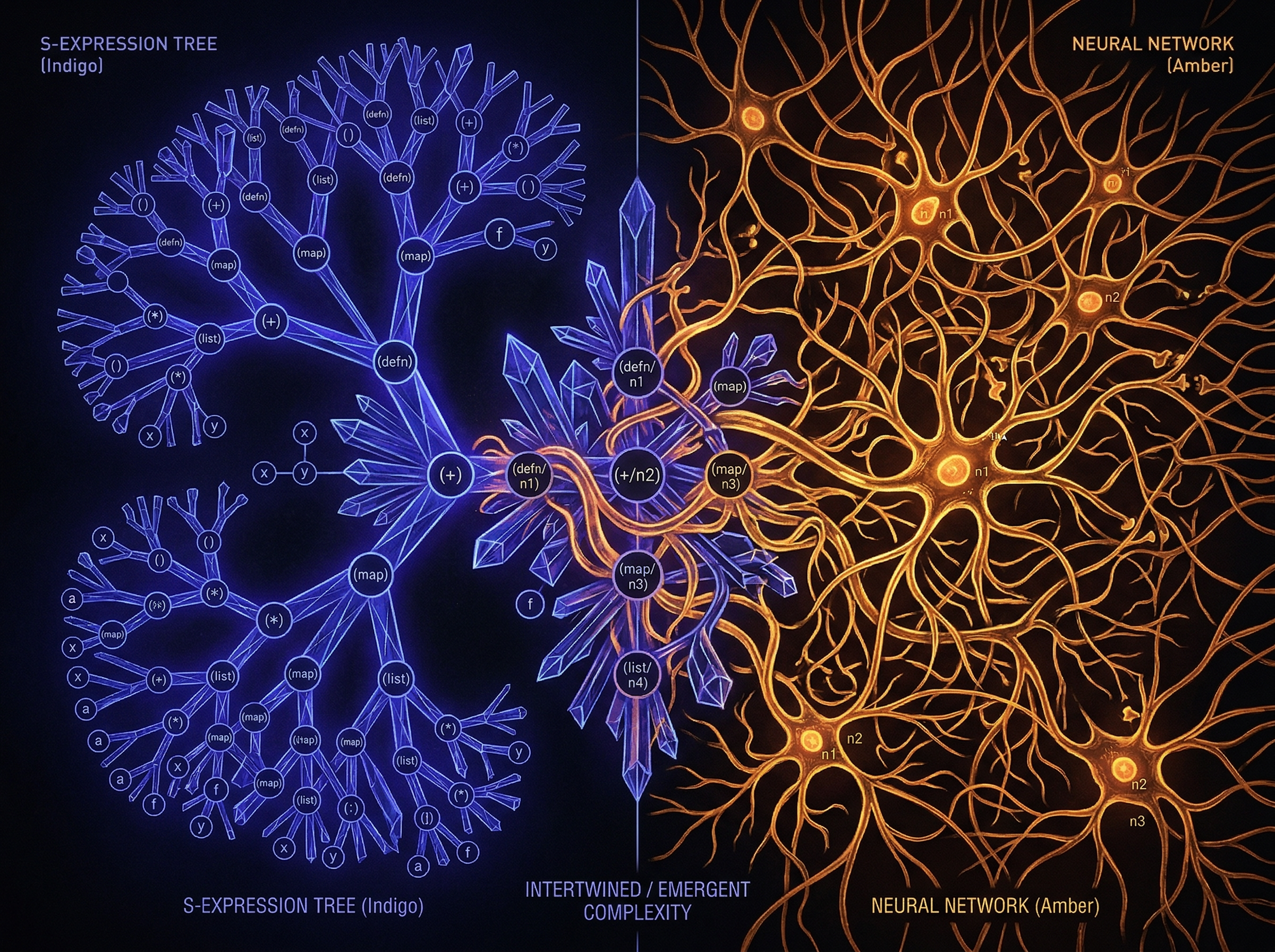 Split composition showing crystalline S-expression tree in indigo meeting organic neural network tendrils in warm amber, merging at center
