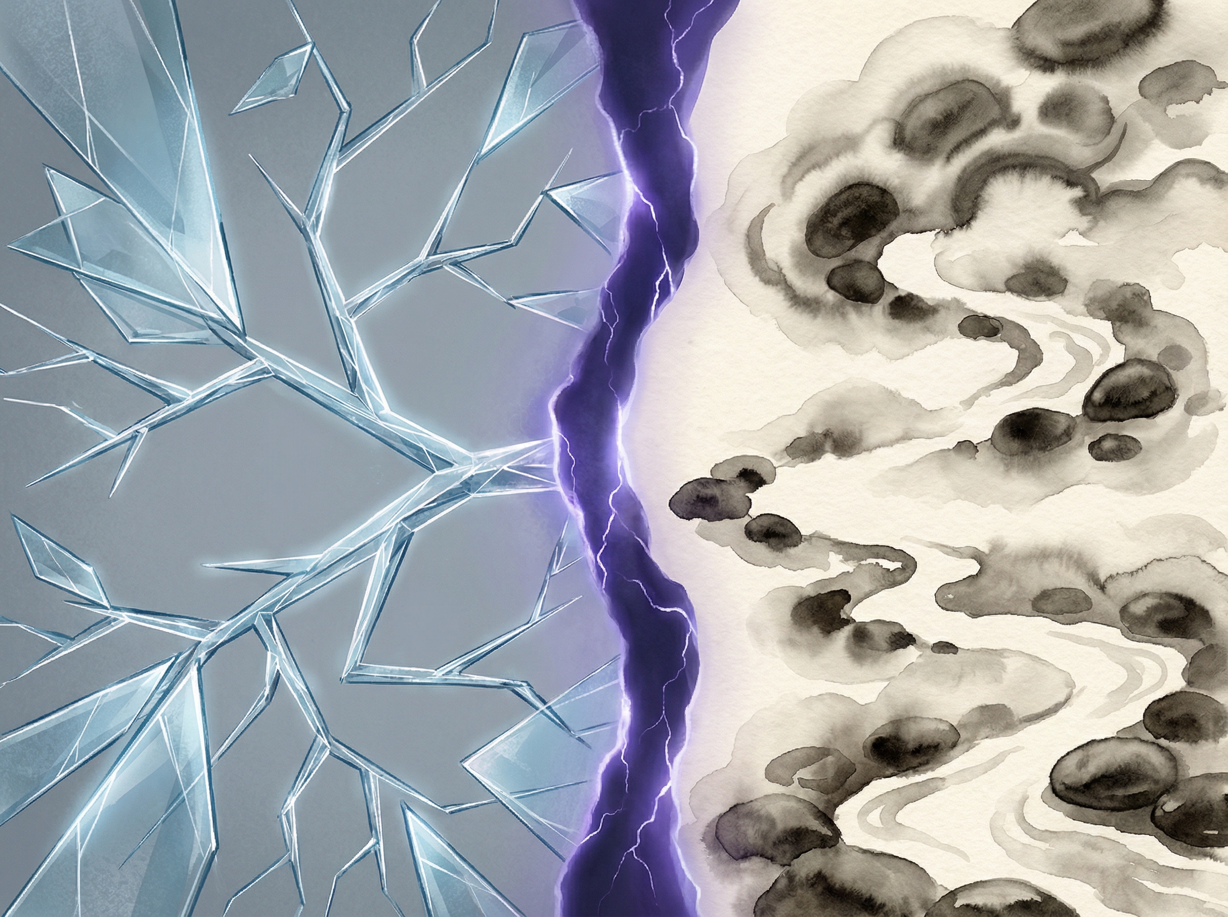 Split composition: left side shows a razor-sharp glass decision tree, cold and crystalline; right side shows flowing watercolor Go stones forming organic cloud shapes, warm and intuitive