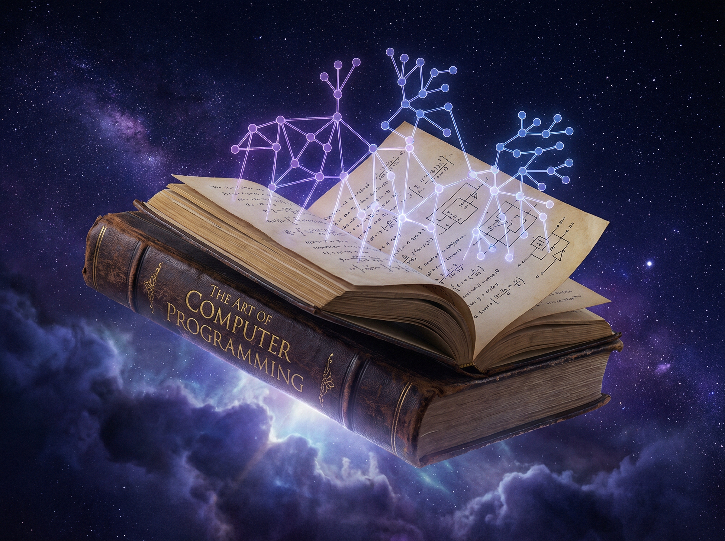 A massive leather-bound volume of TAOCP floating in cosmic void with constraint satisfaction graphs emerging from its pages