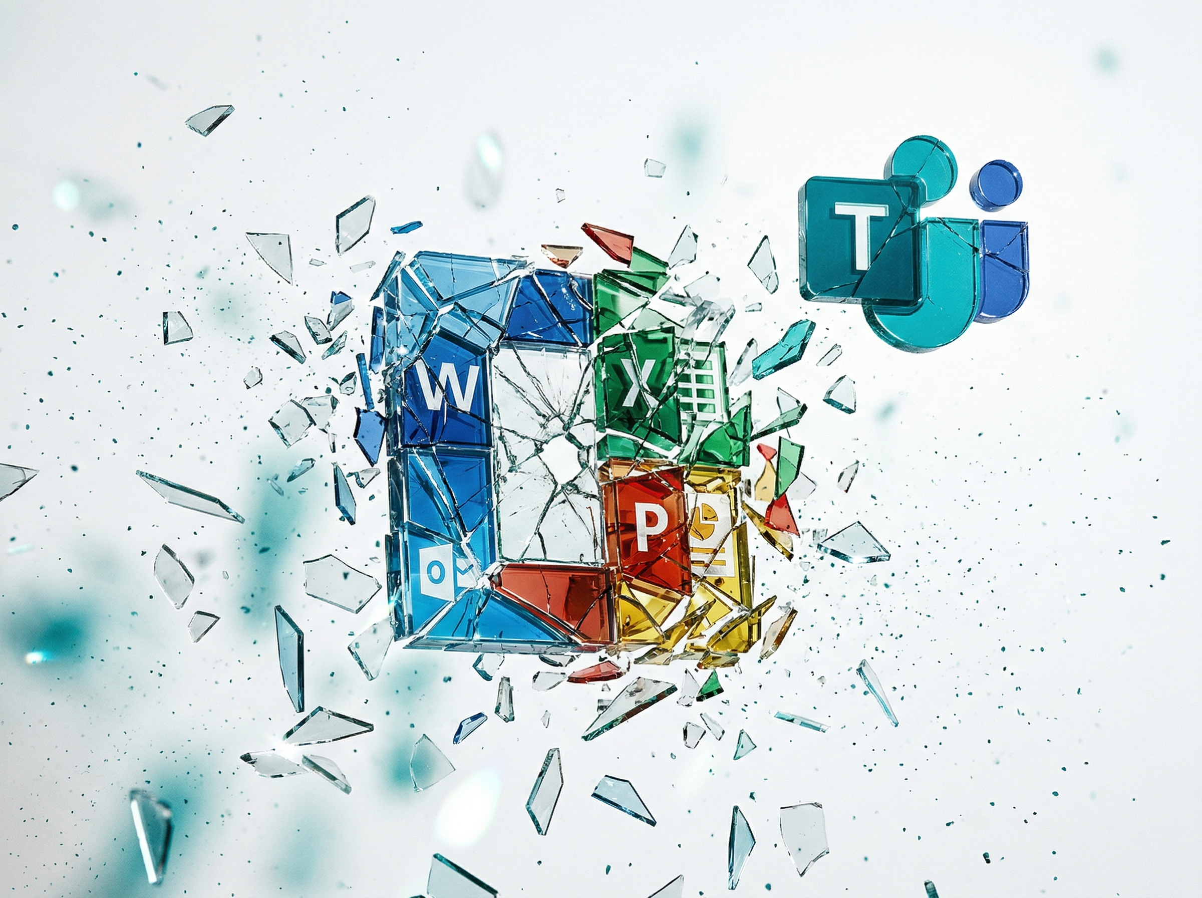 The Microsoft Office suite logo fracturing like shattered glass with the Teams icon breaking free