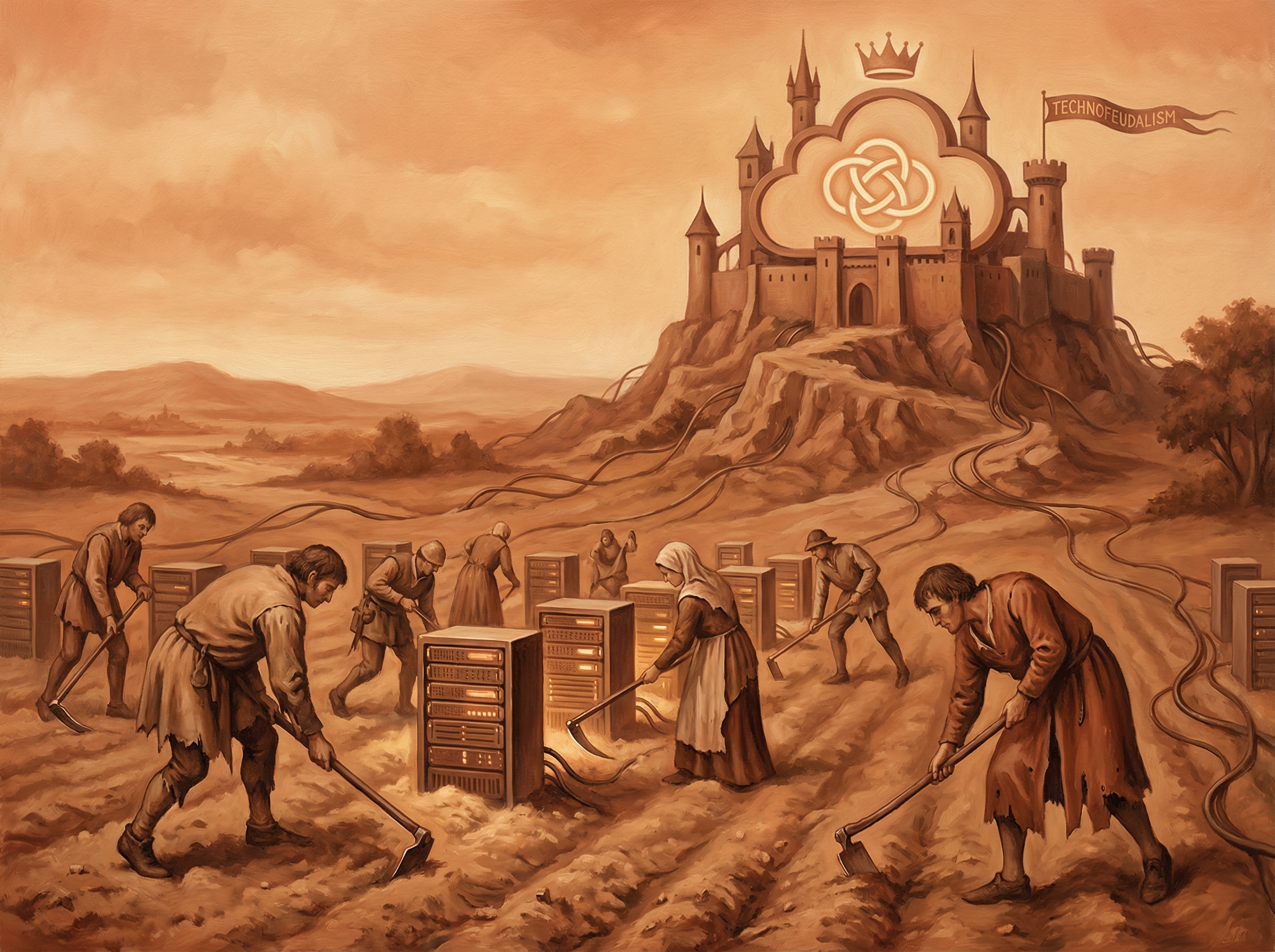 Medieval serfs working in fields made of server racks, data center castle in background