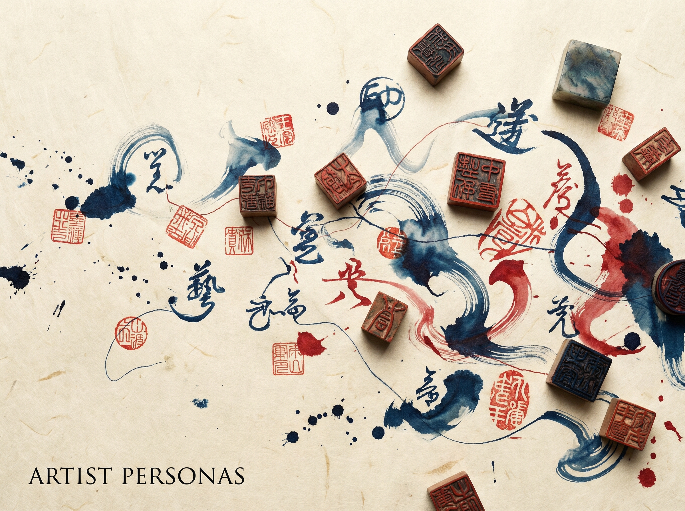 Artist seals and calligraphy stamps scattered like leaves, 30 signatures morphing into one another