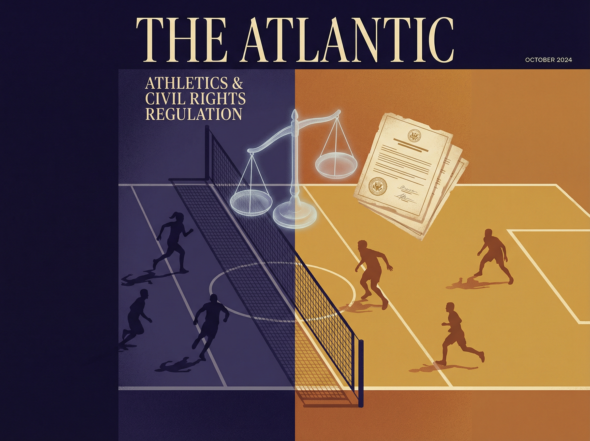 Volleyball court divided by net with indigo shadow on one side and amber light on other, regulatory documents floating above