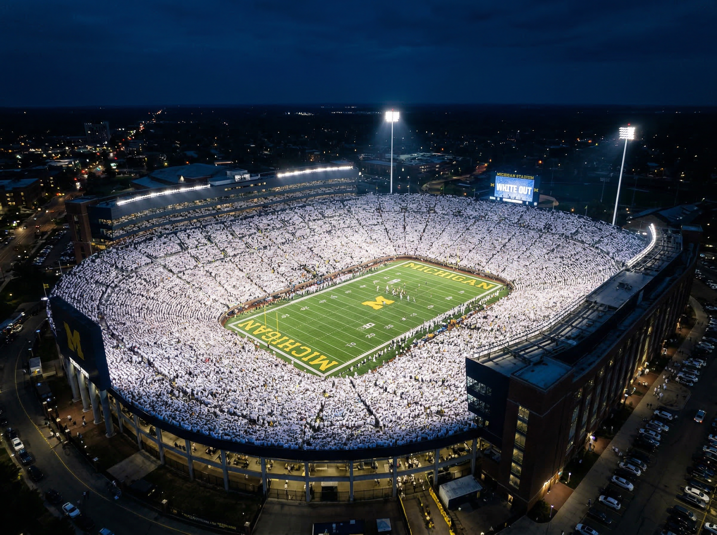 Aerial night view of Beaver Stadium packed with 106,000 fans during a White Out game