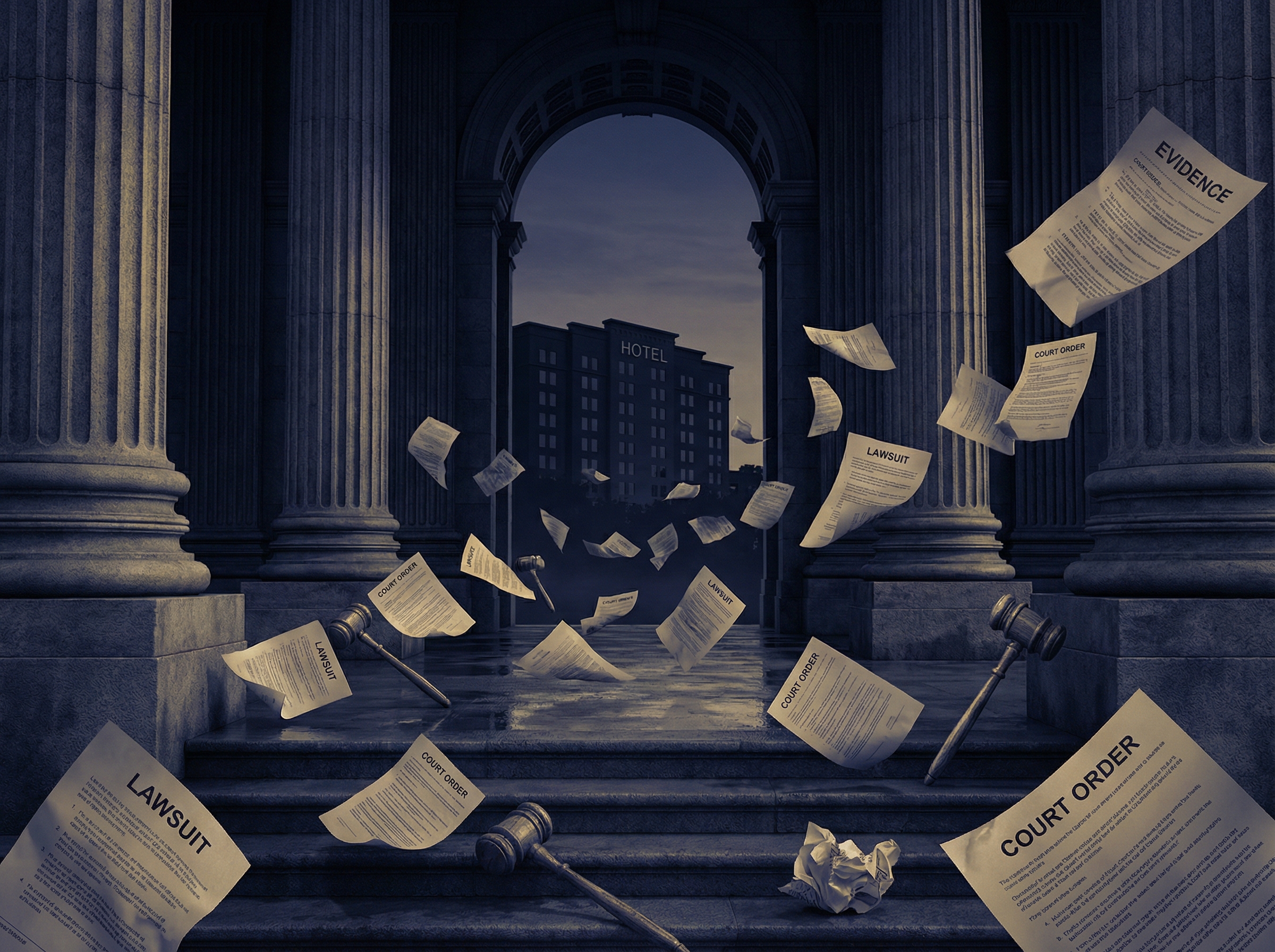 Courthouse pillars with scattered legal documents and hotel silhouette