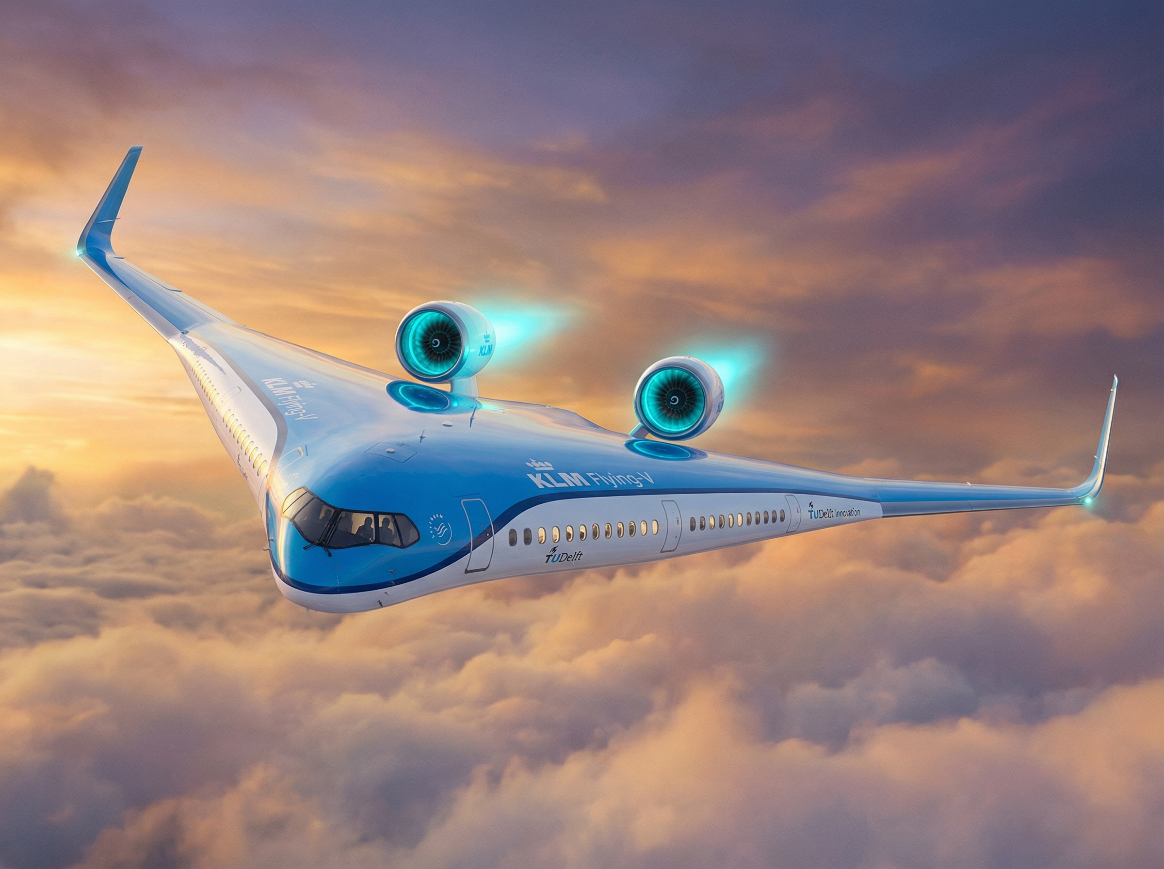 Flying-V concept aircraft in flight through clouds